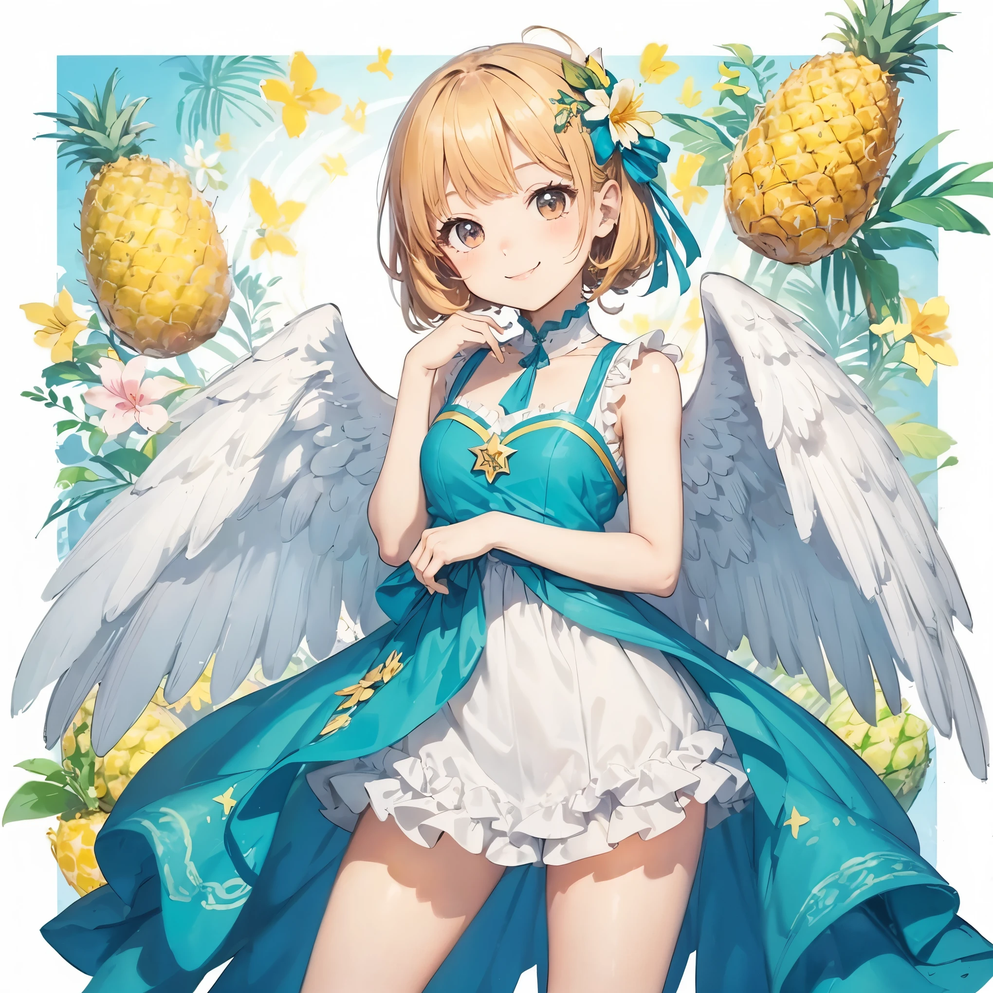 Chibi Character，beautiful girl　Adorable smile　have angel wings，looking at the camera，Pineapple hair，Girl in cute costume，Cute pose，Good anatomy，masterpiece，highest quality，large in the center