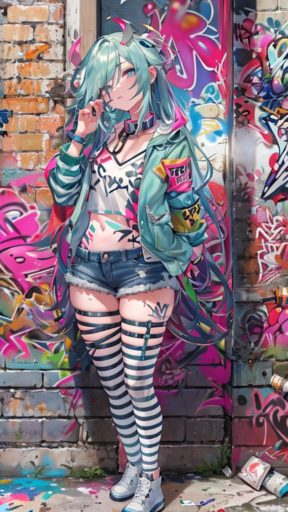 ridiculous, best quality,1 girl, Solitary, Striped hair, crop top, Denim shorts, collar, (Graffiti:1.4),  Paint splatter, put your arms behind your back, (slouch), (lean back:0.5), Against the wall, (tilt to one side:0.5), Looking at the audience, armband, Thigh straps, Striped hair, suitable for body, Upturned eyes, Lower your head, Head tilt, (from the side:1), boring