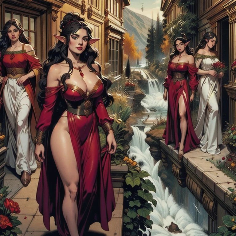 1 female elf, long hair, black hair, elf ears, green eyes, thin lips, round face, huge breasts, wide hips, wearing a red tunic, wearing leather slippers, elf princess in the forest standing smiling at the viewer