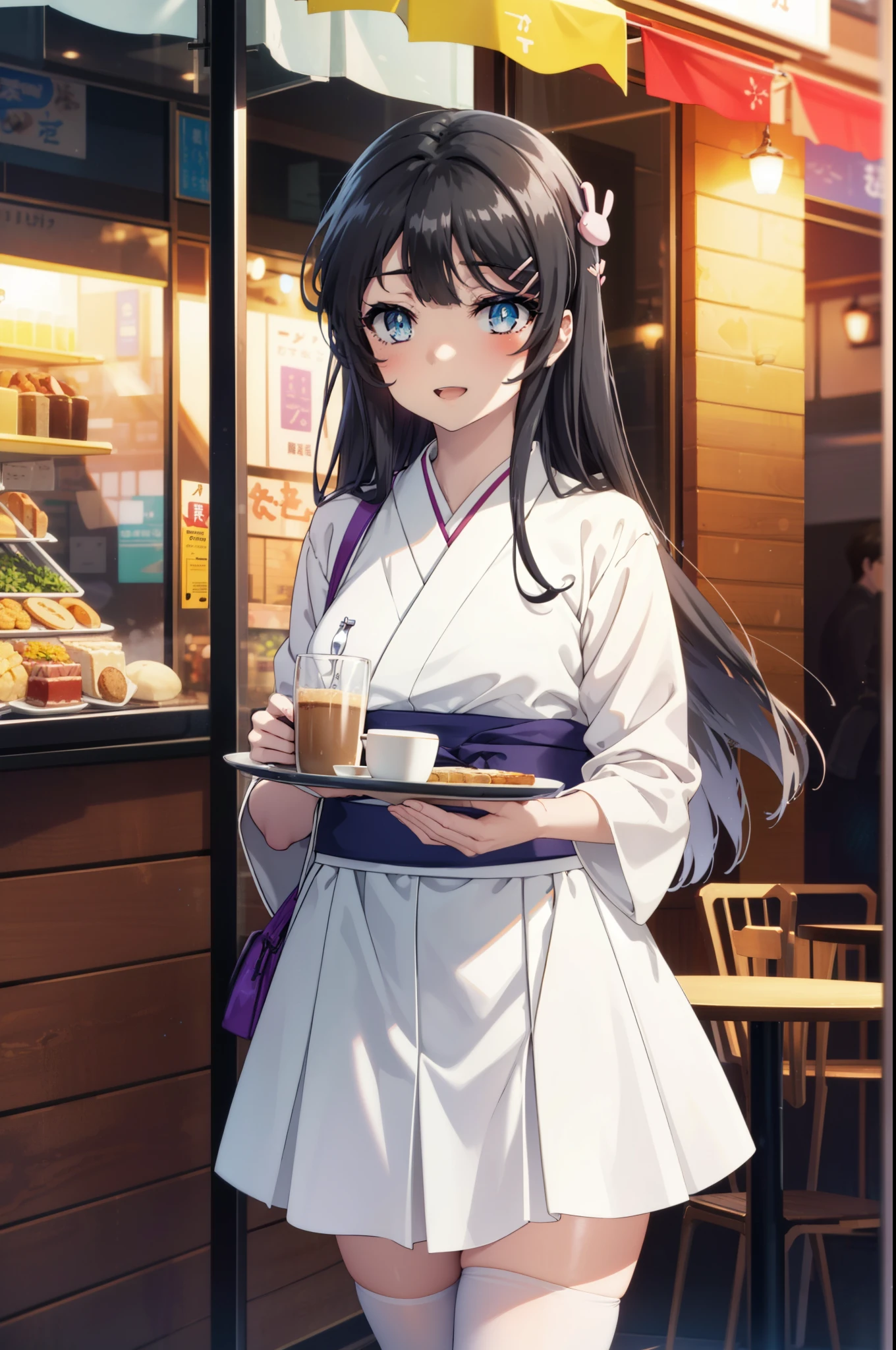 maisakurajima, Mai Sakurajima, Long Hair, bangs, (Black Hair:1.5), hair ornaments, (Purple eyes:1.1), Hair Clip, rabbit hair ornaments,time　Daytime,Clear skies,Light of the sun,
happy smile, smile, Open your mouth,blush,Idol-style white kimono,long furisode,White mini skirt,White tights,Sandals,tray, tray in one hand,A beautiful waitress with Long Hair comes to the table to take our order,It&#39;s as if your whole body is in the illustration.,Maid Headless, 　　　　　　　　　　　　break looking at viewer, (Cowboy Shot:1. 5) ,　　　　　　　　　　　　　　　　　　　　break indoors, coffee shop, break (masterpiece:1.2), highest quality, High resolution, unity 8k wallpaper, (shape:0.8), (Beautiful and beautiful eyes:1.6), Highly detailed face, Perfect lighting, Extremely detailed CG, (Perfect hands, Perfect Anatomy),