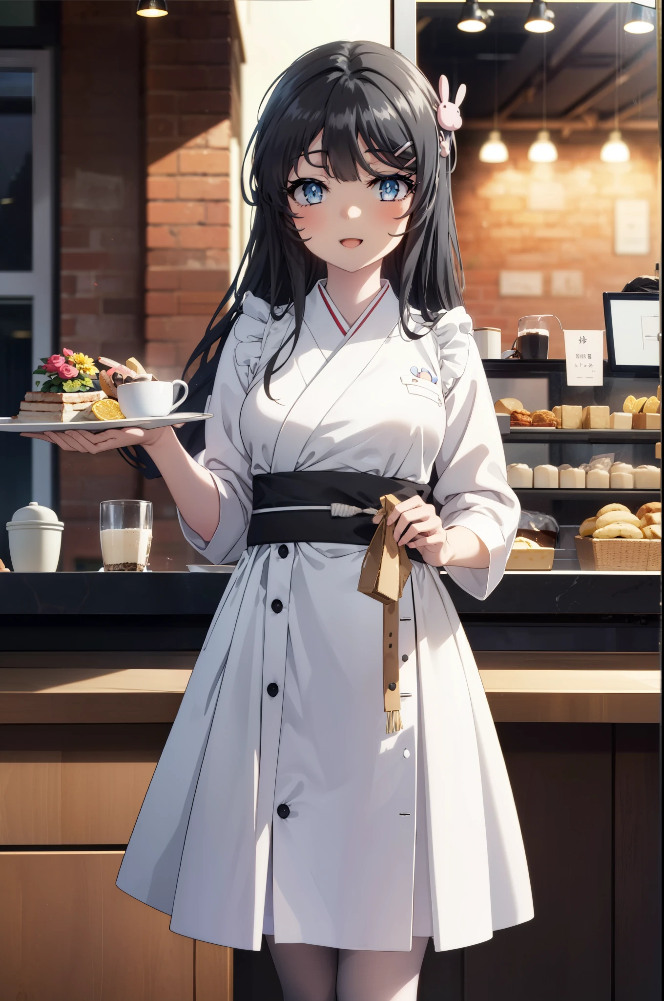 maisakurajima, Mai Sakurajima, Long Hair, bangs, (Black Hair:1.5), hair ornaments, (Purple eyes:1.1), Hair Clip, rabbit hair ornaments,time Daytime,Clear skies,Light of the sun,
happy smile, smile, Open your mouth,blush,Idol-style white kimono,long furisode,White mini skirt,White tights,Sandals,tray, tray in one hand,A beautiful waitress with Long Hair comes to the table to take our order,It's as if your whole body is in the illustration.,Maid Headless, break looking at viewer, (Cowboy Shot:1. 5) , break indoors, coffee shop, break (masterpiece:1.2), highest quality, High resolution, unity 8k wallpaper, (shape:0.8), (Beautiful and beautiful eyes:1.6), Highly detailed face, Perfect lighting, Extremely detailed CG, (Perfect hands, Perfect Anatomy),