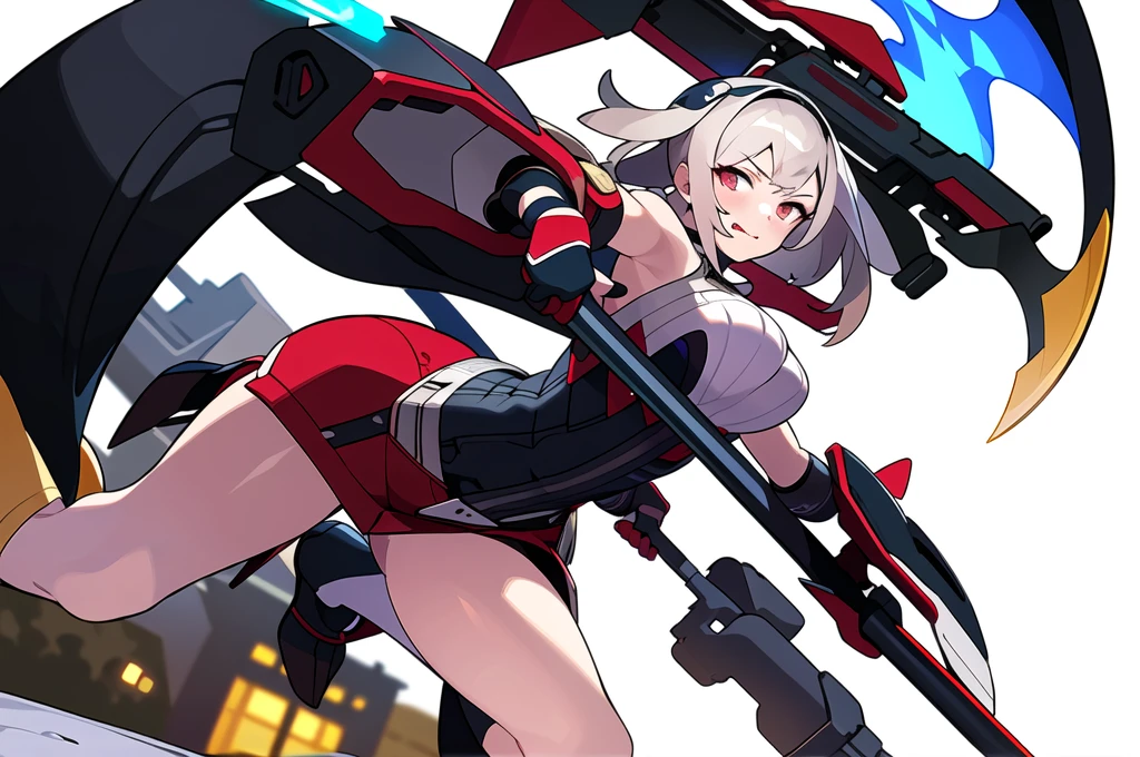 Anime girl , combat pose, (((blurry background, white background))), character focus, strapless bra, micro shorts, solo,
