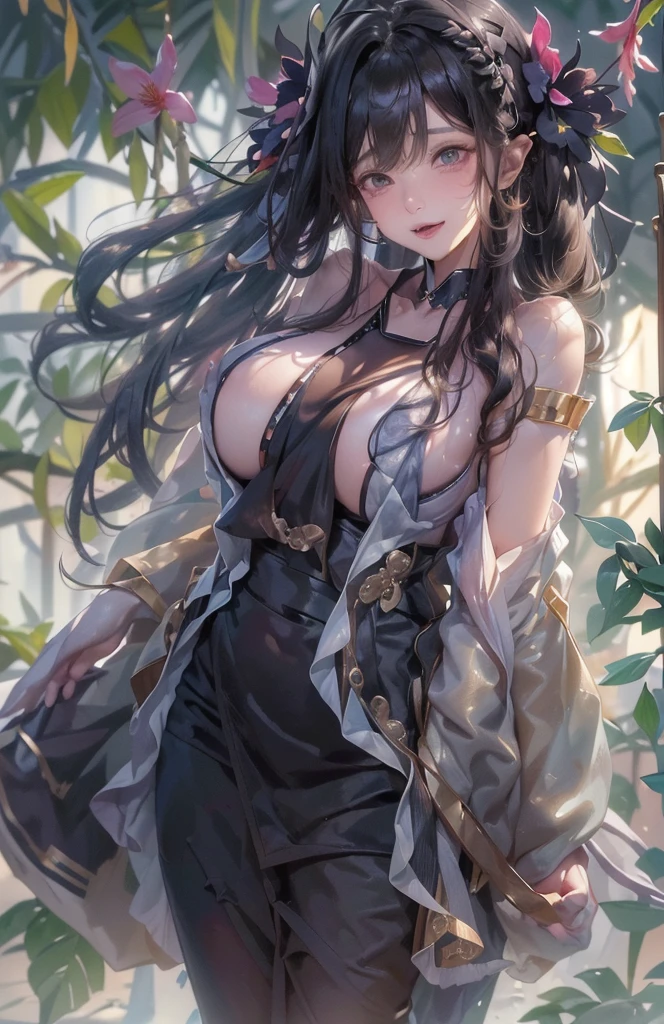 (Surreal)、(Implications)、(high resolution)、(8k)、(Very detailed)、(Best Illustration)、(The details of the eyes are exquisite)、(top quality)、(Ultra Detailed)、(masterpiece)、(wallpaper)、(delicate face)、Solitary、1 girl、Looking at the audience、Fine details、delicate face、In the dark、Deep Shadow、Low profile、purebred face_V1、a smile、long、Black shawl straight hair、Side bangs、White transparent suspender neck strap 、wet hair、Moisturized skin、Umbilicus、retreat、Shearing Machine、Hair Mask、Transparent shoulder shawl、Semi-long hair.Get on all fours、open mouth、Sticking out tongue、Dynamic poses、There are many flowers in the background、Big hair ornaments、Beautiful breasts、Huge breasts:1.4