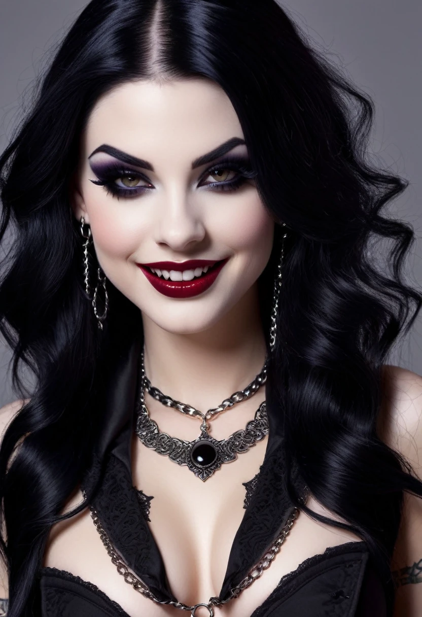 Hyper realistic photo perfect goth vampire, sexy seductive facial features, tattooed face, smooth snow white skin, thin curved black eyebrows. Black eyeliner, dark black eye shadow, thick black lipstick, curved lips, smiling vampire fangs, extremely detailed long black wavy hair, earrings, lip piercings, choker collar with chains, complete fullbody, larg voluptuous breast, tattooed breast, tattooed Sternum underboob, tattooed stomach, abs, slim waist, toned hips, toned thighs, tattooed back, tattooed hips, age vagina, perfect pussy, teenasshole, thick toned ass, tattooed vagina, tattooed ass, ass out, spreading ass,