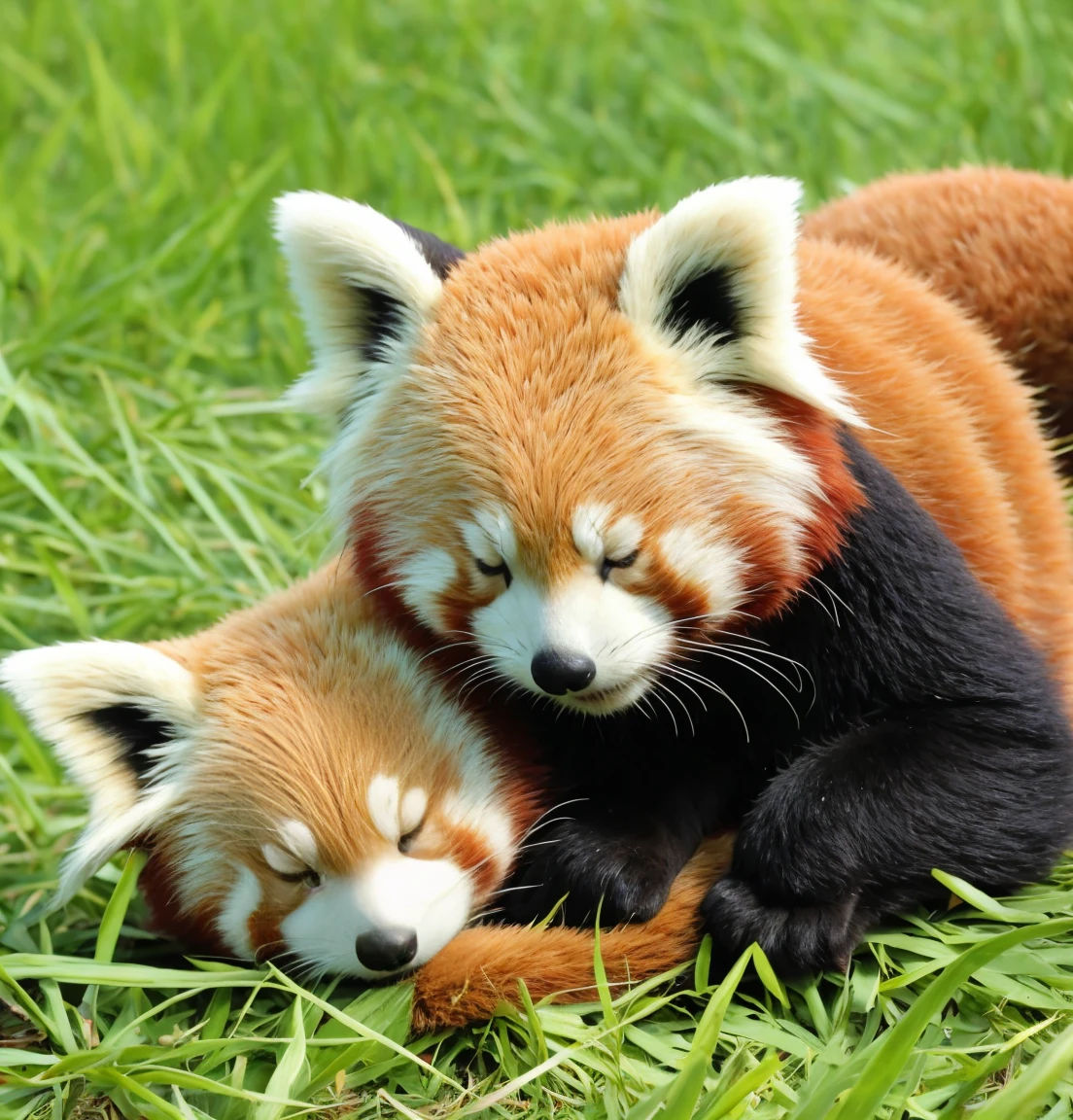 Red panda lying on the fluffy grass、Place your hands under your head、Close your eyes、She seems to be having a happy dream..。Laughing in your sleep。Sleeping comfortably、
