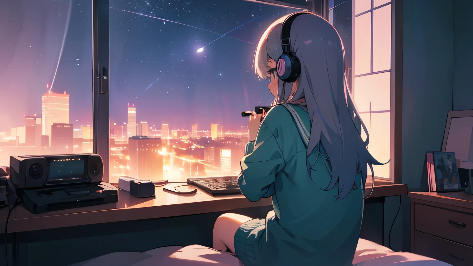 (From behind), Anime girl sitting in front of a computer in a cozy bedroom, Girl listening to music in her cozy room (night), Using headphones, On the roof, (beautiful night views from windows), lots of things, 2D Anime Style, 90s anime aesthetics, Lo-Fi, Very detailed, hard disk, A mix of anime style and Fujifilm, Ultra-realistic, 8k, masterpiece