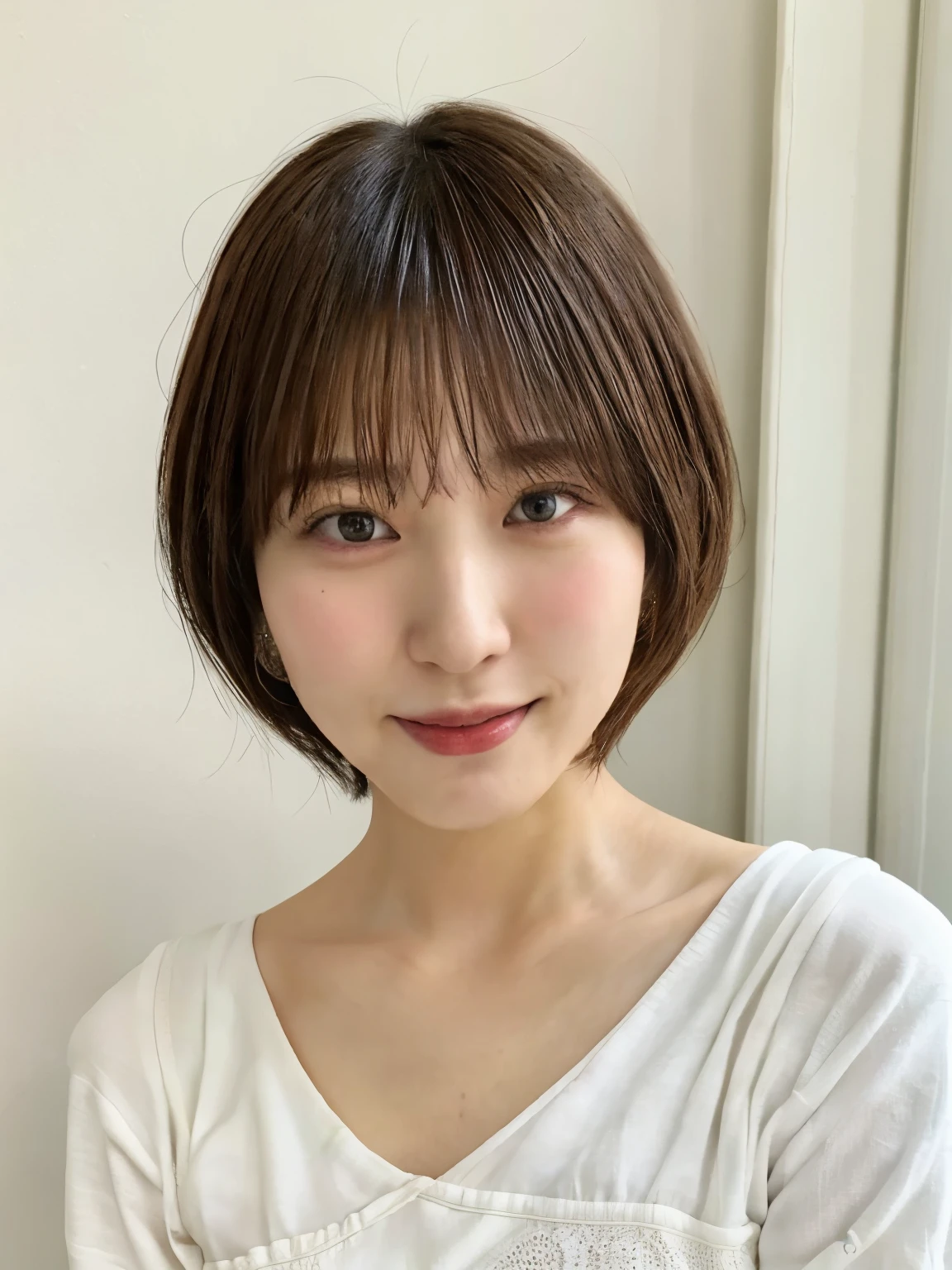 (highest quality、8k、32k、masterpiece、Hmph:1.2)、Photo of beautiful Japan woman in her 30s、very short hair、short hair、Shortcuts、Upper Body、necklace、Shooting from the sky、Don&#39;Don&#39;t look at the camera、(Realistic、Photorealistic:1.37)、1 girl、Photographed in natural light、Physically Based Rendering、Excellent image quality、High resolution、1080p、(Detailed facial depiction)、(Detailed description of the hands)、(Detailed CG)、Rich details、(exquisite features)、(Best image quality)、(masterpiece)、(Beautiful Eyes)、Delicate clavicle、Various poses、profile、White wall、Taken in front of a white door、(窓のあるWhite wallの部屋)、Earrings、Laughter、Spring Clothes、((Long sleeve dress))、Look Down、Downward