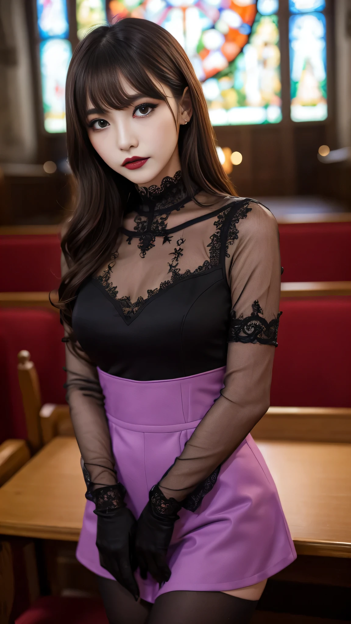 tra-detailed、Japanese、Attractive beauty、seductive adult woman、Pretty Woman、cool girl、brown hair、wavy hair、swept bangs、piercing eyes、hollow eyes、half-closed eyes、Hollow Eyes、Purple Eyeshadow、black lipstick、black lip gloss、dark makeup、smirk、Whisper in my ear、Evil expression、Long Black Cheongsam、Wide sleeves、lace fabric gloves、pantyhose、Evil cadres、Fallen into evil、brainwash、mind control、evil、Church at night、Swear allegiance、Are standing、Seductive Pose