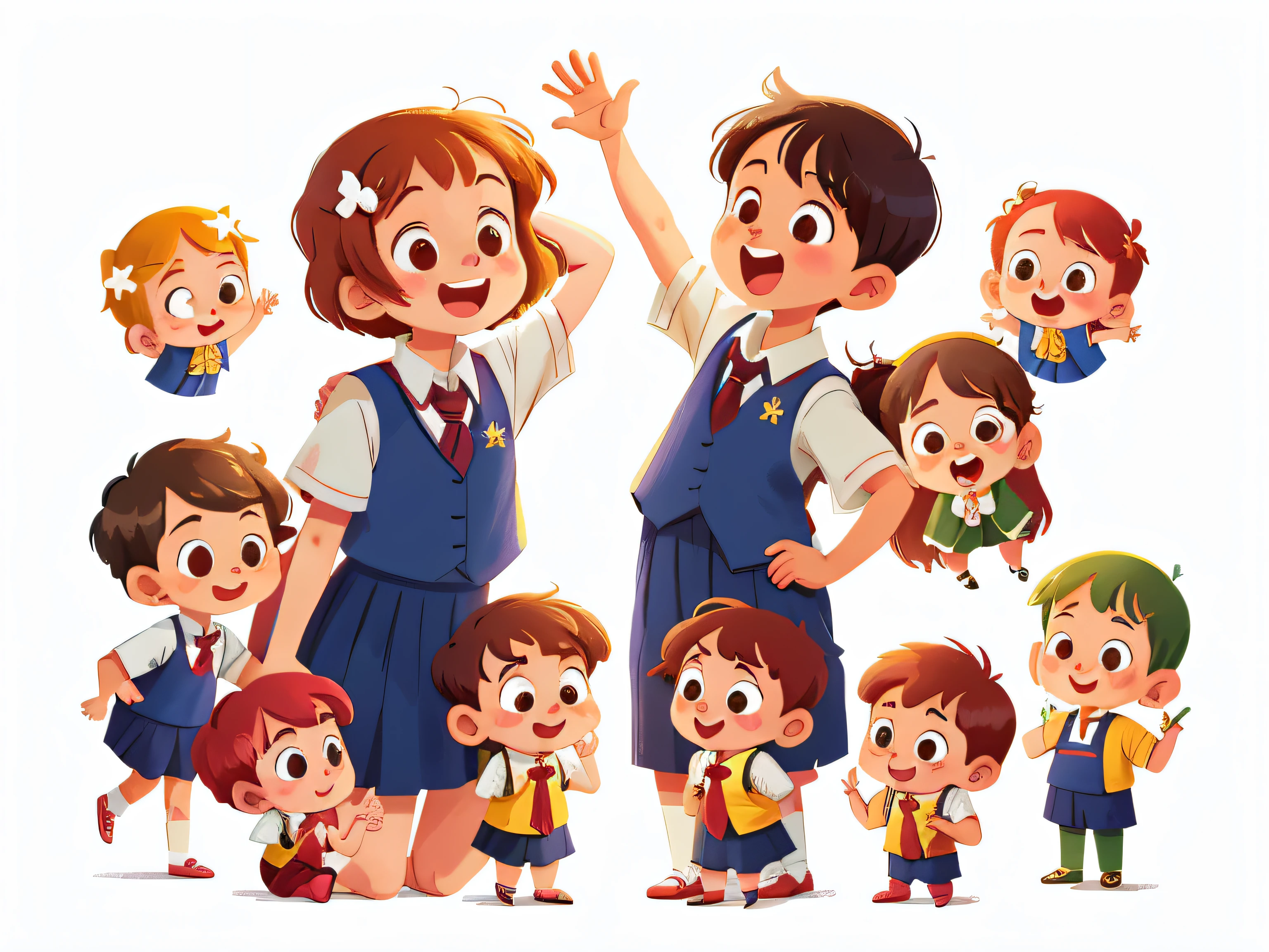 illustration, Obra maestra, mejor calidad, Profesor de escuela con varios alumnos (girls and boy) de pie, Nos saludan con la mano, en uniforme escolar, de enfrente, feliz, cuerpo completo, En el estilo del personaje del libro Childreb, hoja de caracteres, Fondo blanco, adjetivo + objeto, hoja de personaje, personaje de libro , Fondo blanco, Fondo blanco, mirando al espectador, cabello corto,