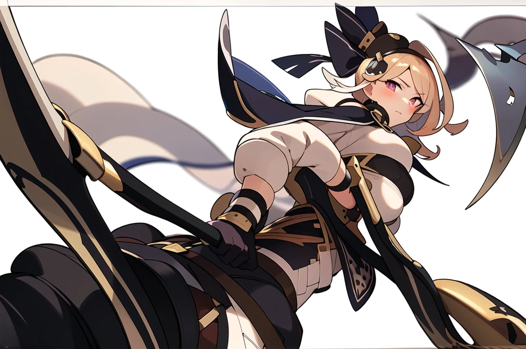 masterpiece, best quality, 1girl, solo, holding axe, ((blurry background)), white background, high fantasy outfits, combat, dutch angle,