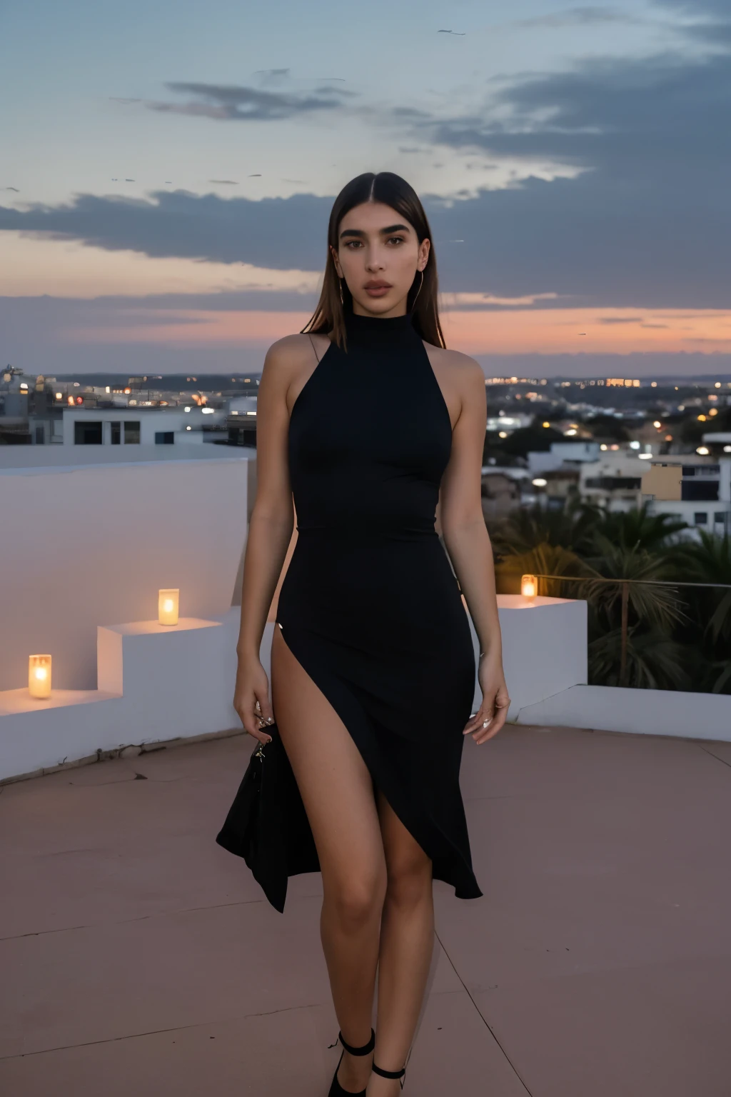 Mulher preta vestido longo roxo rua noite