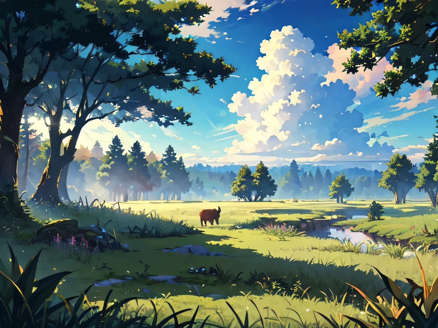 ox,
break (masterpiece, highest quality:1.2), Outdoor, nature, forest, loose, Grass, tall Grass, detailed Grass, plant, Day, cloud,