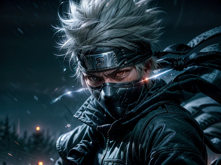 A futuristic ninja with white hair, A cut on left eyes, red eyes, with masker,holding Knife, headband,green jacket,Futuristic,best quality, realism, hatake Kakashi from Naruto, handsome man, realistic, 8k, Best quality, Masterpiece, High resolution, Ultra Realistic, Kakashi, Ninja, Glitch effect, Futuristic tobots, thunder effect, Cinematic photography, 8k wallpaper, Glitch