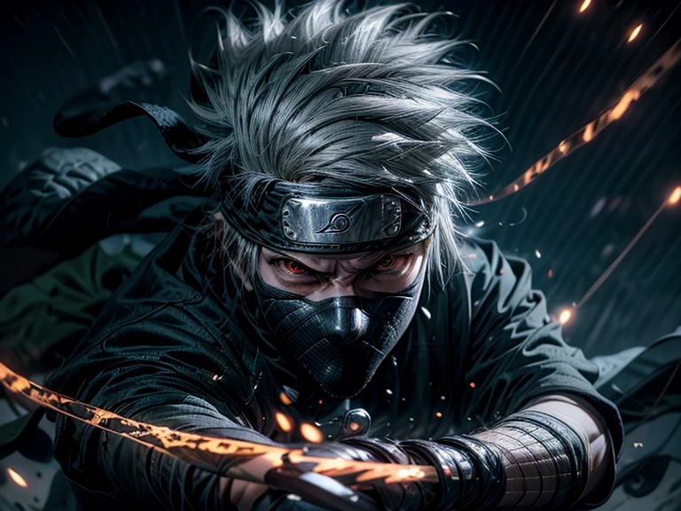 A futuristic ninja with white hair, A cut on left eyes, red eyes, with masker,holding Knife, headband,green jacket,Futuristic,best quality, realism, hatake Kakashi from Naruto, handsome man, realistic, 8k, Best quality, Masterpiece, High resolution, Ultra Realistic, Kakashi, Ninja, Glitch effect, Futuristic tobots, thunder effect, Cinematic photography, 8k wallpaper, Glitch