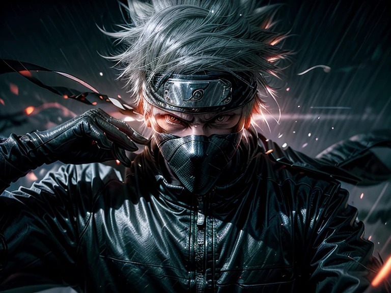 A futuristic ninja with white hair, A cut on left eyes, red eyes, with masker,holding Knife, headband,green jacket,Futuristic,best quality, realism, hatake Kakashi from Naruto, handsome man, realistic, 8k, Best quality, Masterpiece, High resolution, Ultra Realistic, Kakashi, Ninja, Glitch effect, Futuristic tobots, thunder effect, Cinematic photography, 8k wallpaper, Glitch