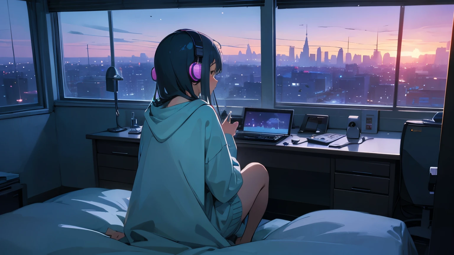 (From behind), Anime girl sitting in front of a computer in a cozy bedroom, Girl listening to music in her cozy room (night), Using headphones, On the roof, (beautiful night views from windows), lots of things, 2D Anime Style, 90s anime aesthetics, Lo-Fi, Very detailed, hard disk, A mix of anime style and Fujifilm, Ultra-realistic, 8k, masterpiece