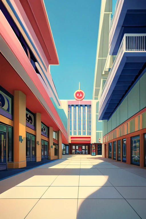 ((best quality)), ((masterpiece)), (detailed), Mall, Art Deco architectural style, Mid Century modern architectural style, two stories, Apple motif, Metropolitan statistical area, Maine, location based on Annapolis, Maryland, Liminal space, dream core, nostalgia core, Anemoia, Kenopsia, perfect shading, soft shading, soft colors, pastel colors, vivid colors