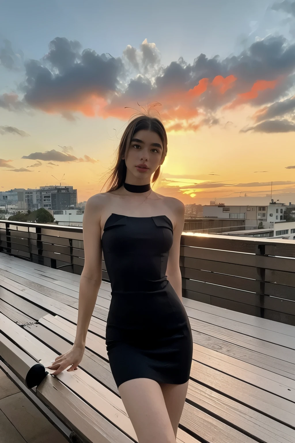 uma foto de corpo inteiro, from afar of an araffe dua lipa girl vestido tubinho preto, rooftop hotal fasano a noite,, 8k melhor qualidade, roupa , corpo e rosto detalhados, sunset