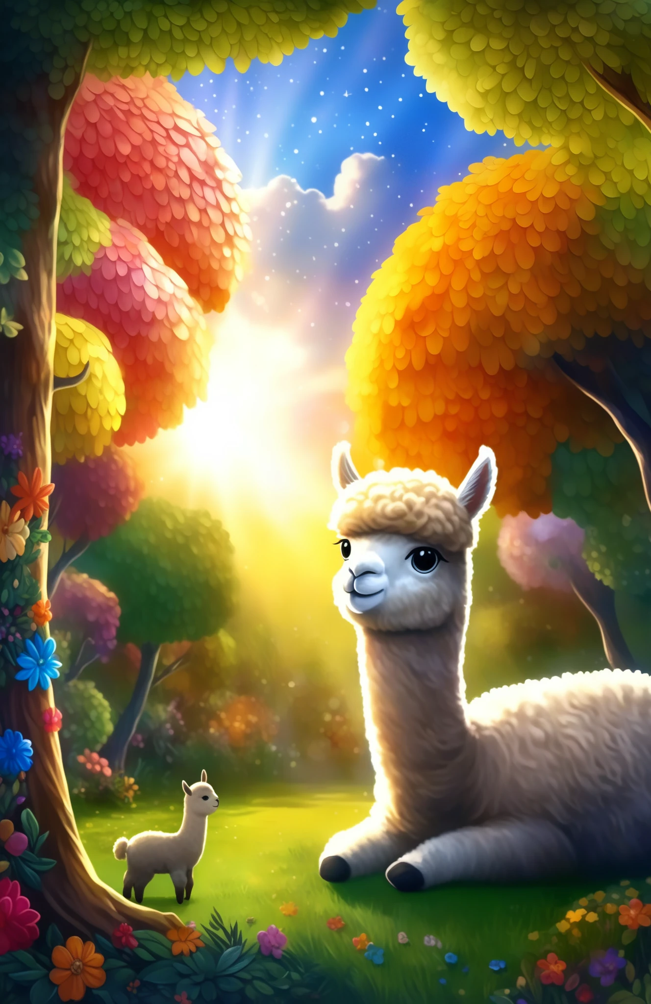 uma alpaca fofa e fofa em um lindo jardim, Soft sunlight streaming through the trees, flores vibrantes florescendo em cores, grama verdejante que se estende infinitamente, uma brisa suave farfalhando as folhas, os olhos calorosos e expressivos da alpaca, a garota escovando suavemente o pelo macio da alpaca, capturing the innocence and joy of your company, um toque extravagante de surrealismo ao fundo, criando uma atmosfera de sonho, the artwork rendered in a mesmerizing mixture of illustrations and photorealista painting techniques, mostrando os detalhes intrincados da alpaca, every strand of fur and every leaf rendered with maximum precision, cores vibrantes que ganham vida, bringing the scene to vivid reality, the composition bathed in warm and tons dourados, criando um ambiente aconchegante e convidativo, the lighting casting beautiful shadows and highlights, adding depth and dimension to the artwork. (melhor qualidade,4K,8k,high resolution,obra de arte:1.2),ultra-detalhado, (realista,photorealista,photo-realista:1.37), HDR, Ultra HD, studio lighting, Pintura ultrafina, sharp focus, physically based rendering, extreme detailed description, profissional, cores vivas, Bokeh, Retratos, paisagem, fantasia, Sonhe como, Calor e aconchego, tons dourados, surrealismo caprichoso.