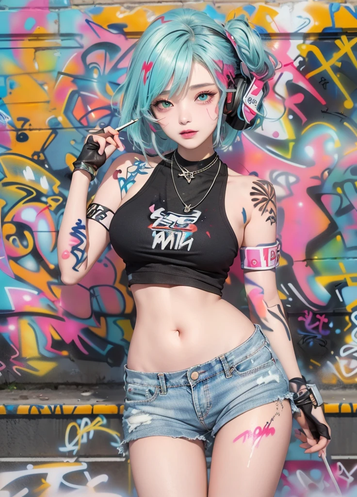 masterpiece, best quality, Solitary, crop top, Denim shorts, necklace, (Graffiti:1.5), Paint splatter, put your arms behind your back, Against the wall, Looking at the audience,(Hand holding spray paint:1.5) armband, Thigh straps, Painting body, Head tilt, having fun, hair color, aqua eyes, earphone,(Graffiti牆:1.5)(Full body portrait;1.5)Beautiful breasts、Huge breasts:1.4