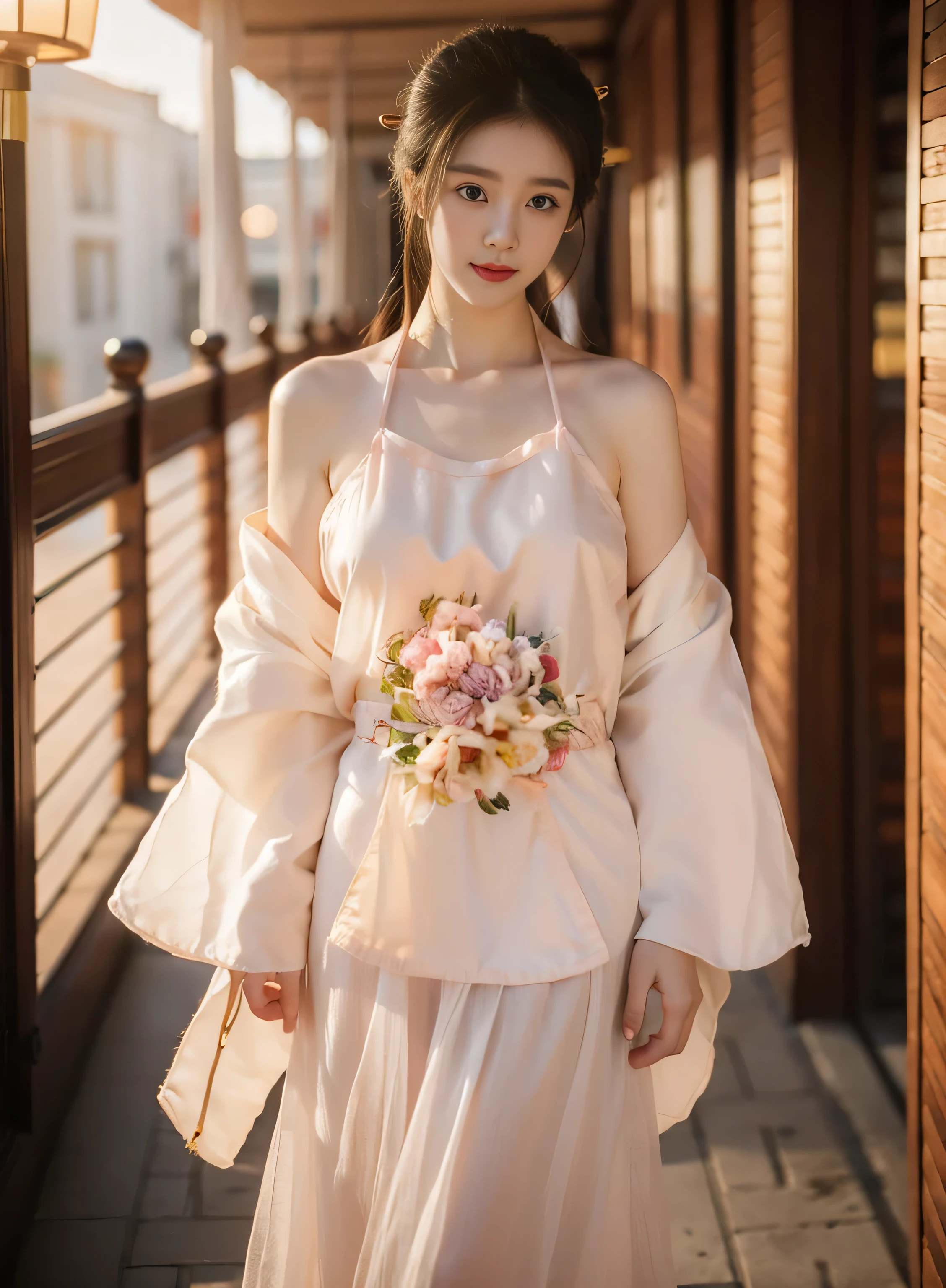 1 girl，(best quality, masterpiece:1.2), Super detailed，Solo selfie，off shoulder dress,Chinese Princess, (Pink belly pocket：1.4） ( Hanfu：1.3, )，Vision，Background Bokeh