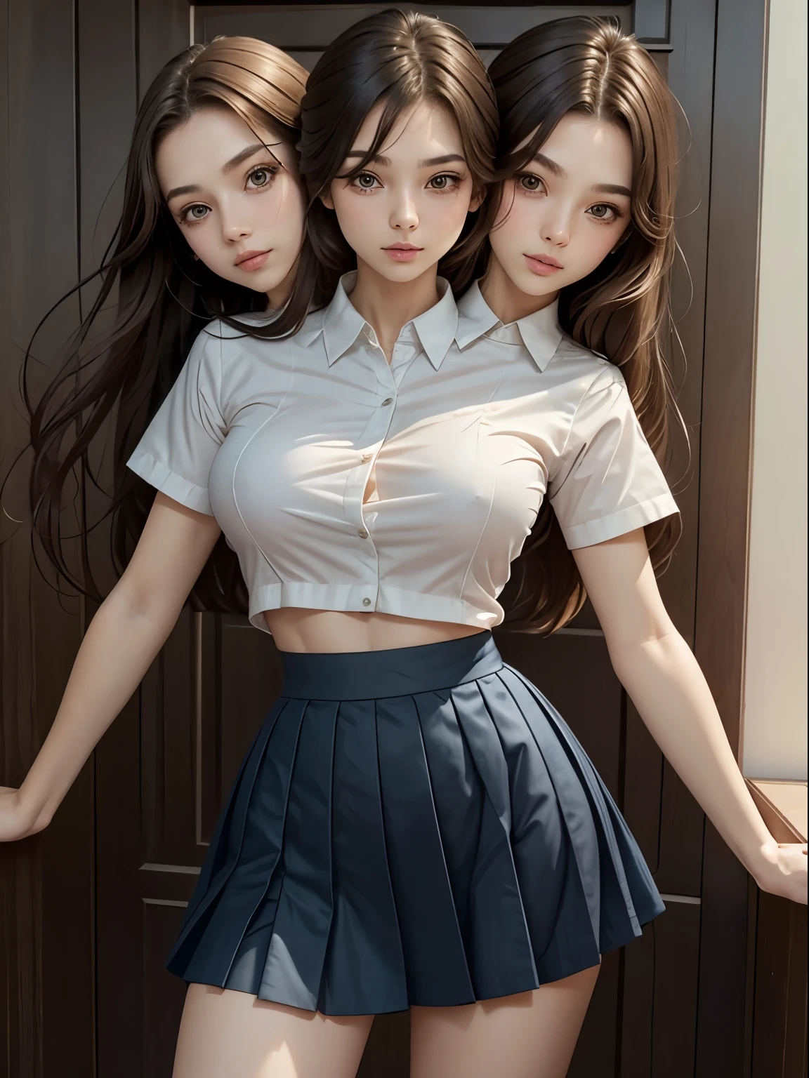 (extremely detailed CG:1.2), (masterpiece:1.2), (best quality:1.2),,((absurdres)),looking at viewer,full body,(long hair),(mathayom uniform),(white shirt short sleeves),(navy_blue pleated skirt),(long skirt),dynamic angle,standing,dynamic pose,((Delicate facial features)),, (two heads)