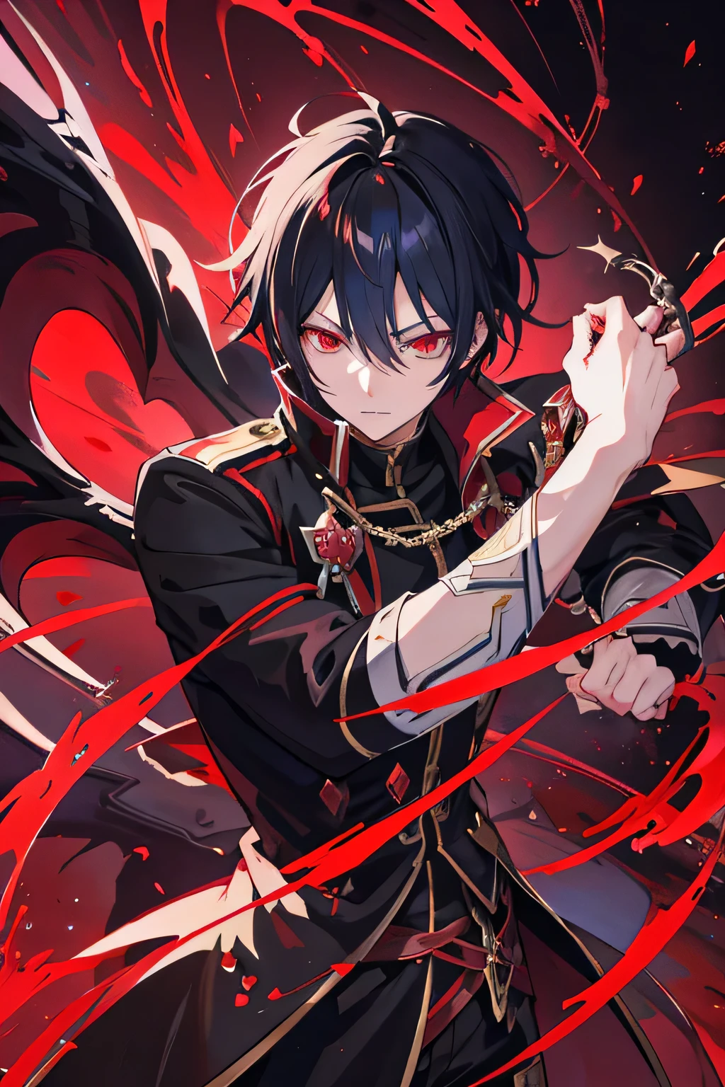 Anime boy with red light in hand, shadow young wizard, Epic anime style, anime key artโดยละเอียด, Shadowverse style, Fantasy style anime, devil man, anime key art, Red eyes, black hair, commander's uniform strong person fighting the devil