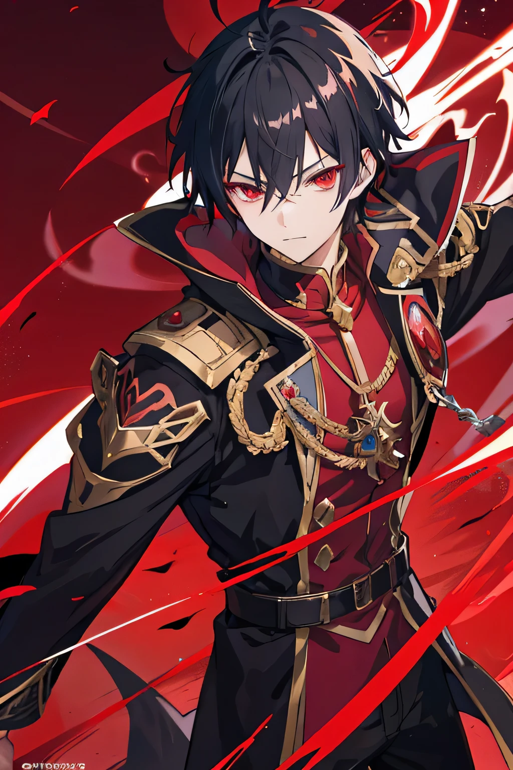 Anime boy with red light in hand, shadow young wizard, Epic anime style, anime key artโดยละเอียด, Shadowverse style, Fantasy style anime, devil man, anime key art, Red eyes, black hair, commander&#39;s uniform strong person fighting the devil