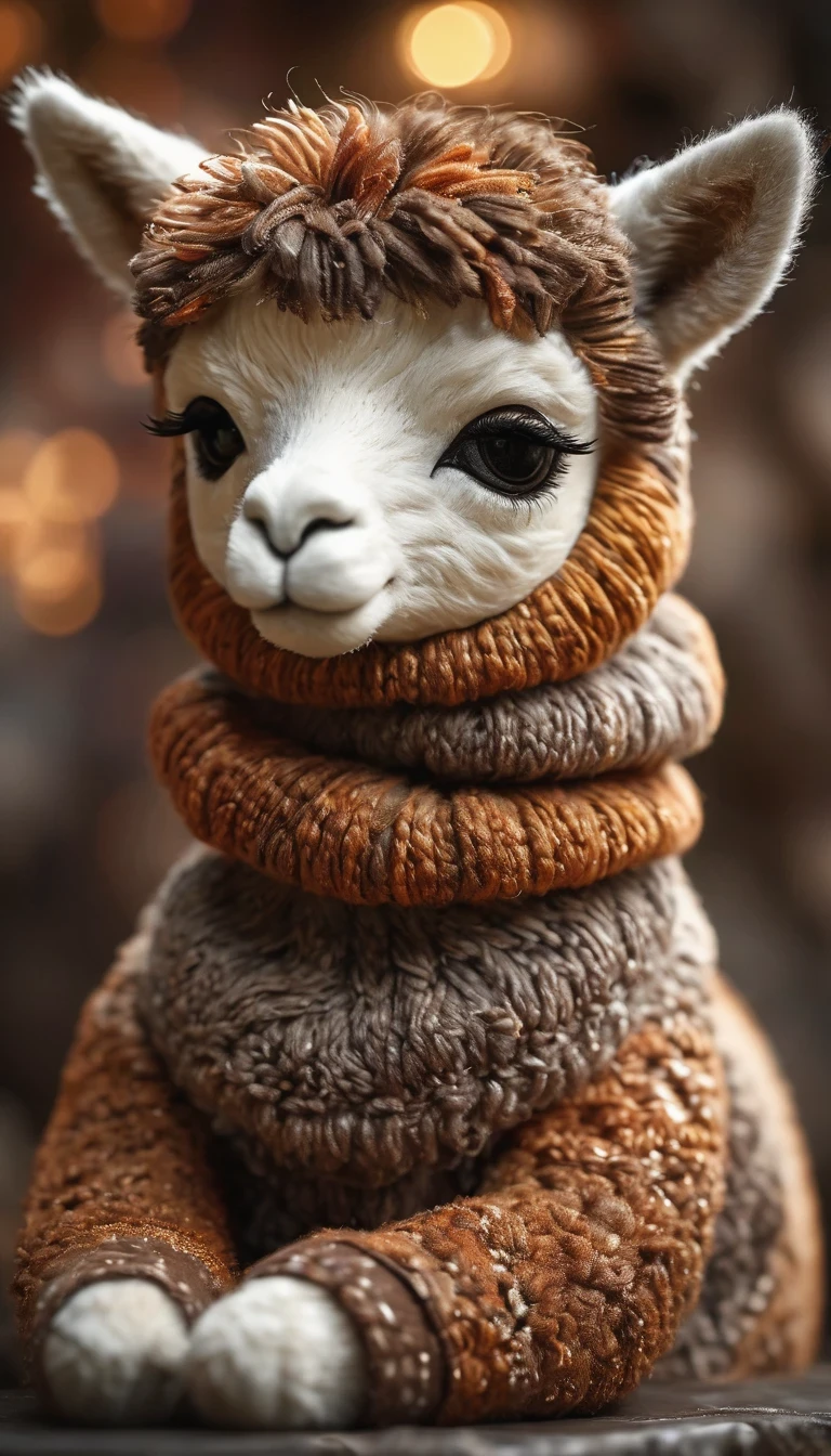 (masterpiece, best quality:1.2),  （Paint an adorable alpaca sculpture in earthy tones），whole body，Warmth，With subtle patterns and textures，Invoking Ancient Wisdom. Focus on the face，With depth of field and bokeh effects. This is a high resolution image，Complex details，The background is dark，Soft lighting, style of. 
