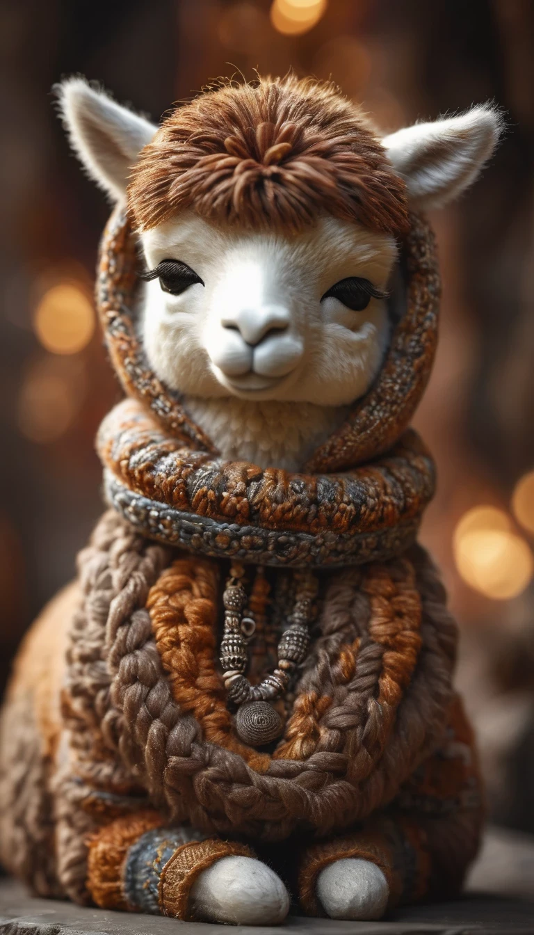 (masterpiece, best quality:1.2),  （Paint an adorable alpaca sculpture in earthy tones），whole body，Warmth，With subtle patterns and textures，Invoking Ancient Wisdom. Focus on the face，With depth of field and bokeh effects. This is a high resolution image，Complex details，The background is dark，Soft lighting, style of. 
