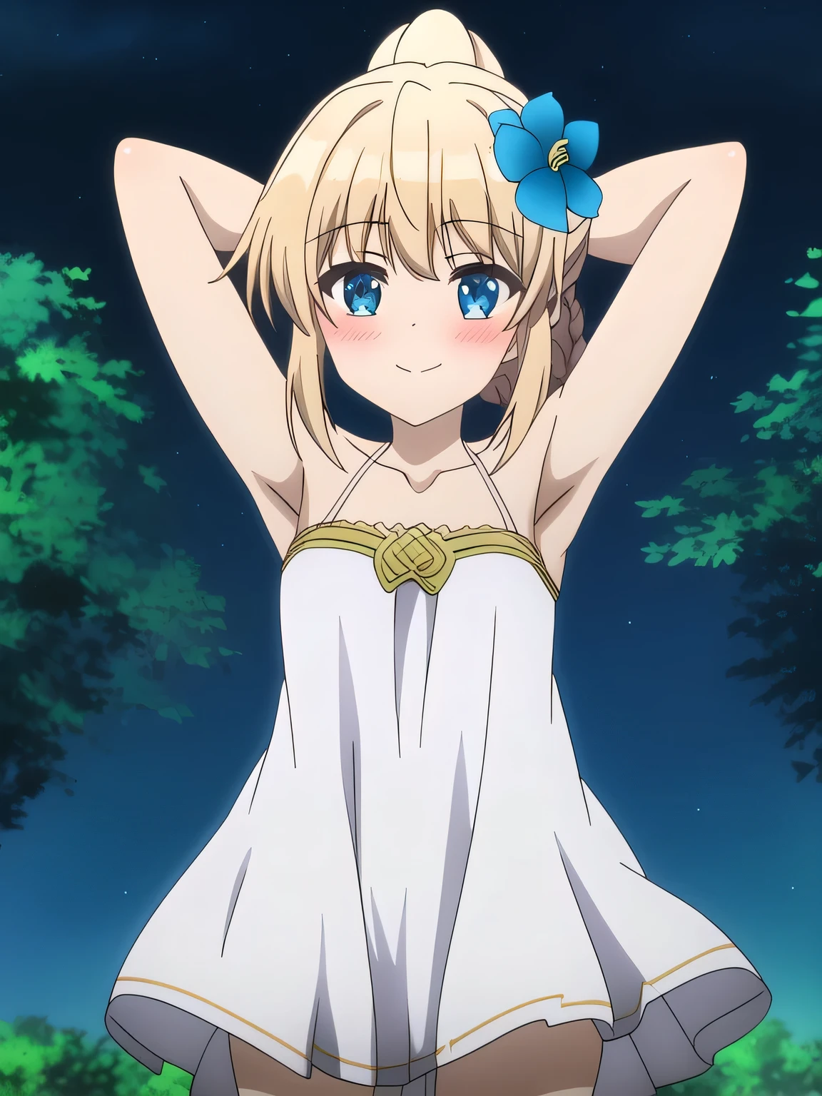 sora, anime art style, 1girl, solo, blush, bangs, blue_eyes, blonde_hair, hair_ornament, dress, bare_shoulders, collarbone, shy, ponytail, braid, flower, blushing, hair_flower, white_dress, blue_flower, solo, night sky, forest, arms behind head, looking at viewer, contrapposto, spread armpits, closed mouth, smile, (cowboy shot:1.5)