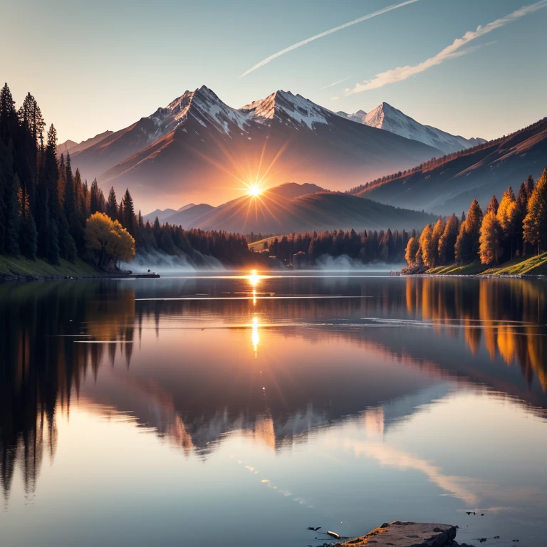 Birds drinking water from a lake with sun rising against hills