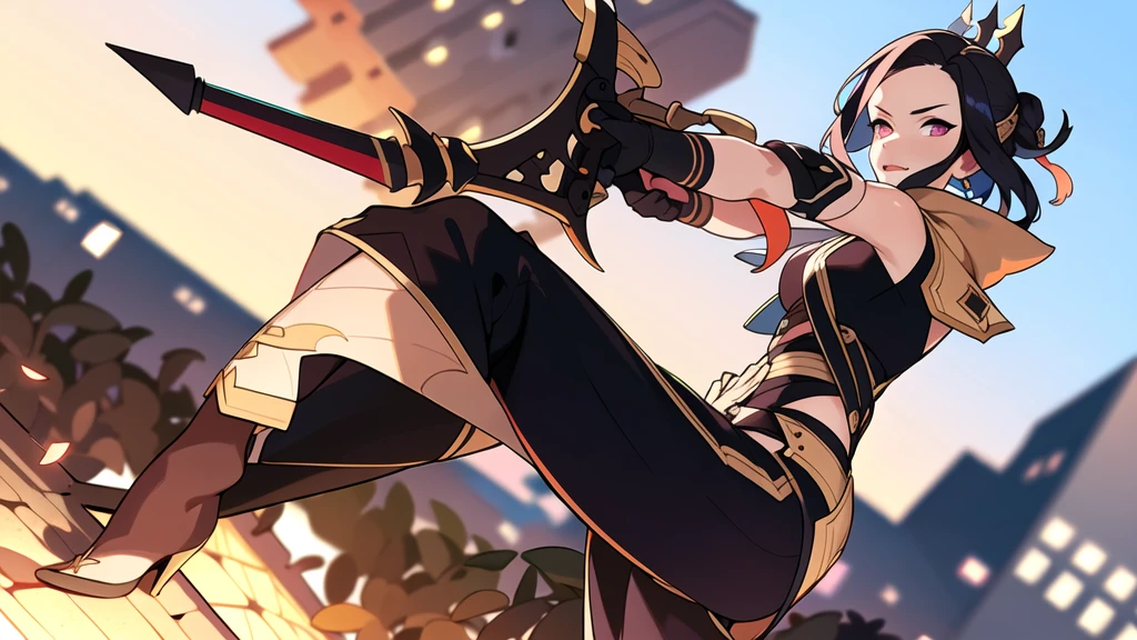 masterpiece, best quality, 1girl, solo, holding axe, ((blurry background)), simple background, high fantasy outfits, combat, dutch angle,