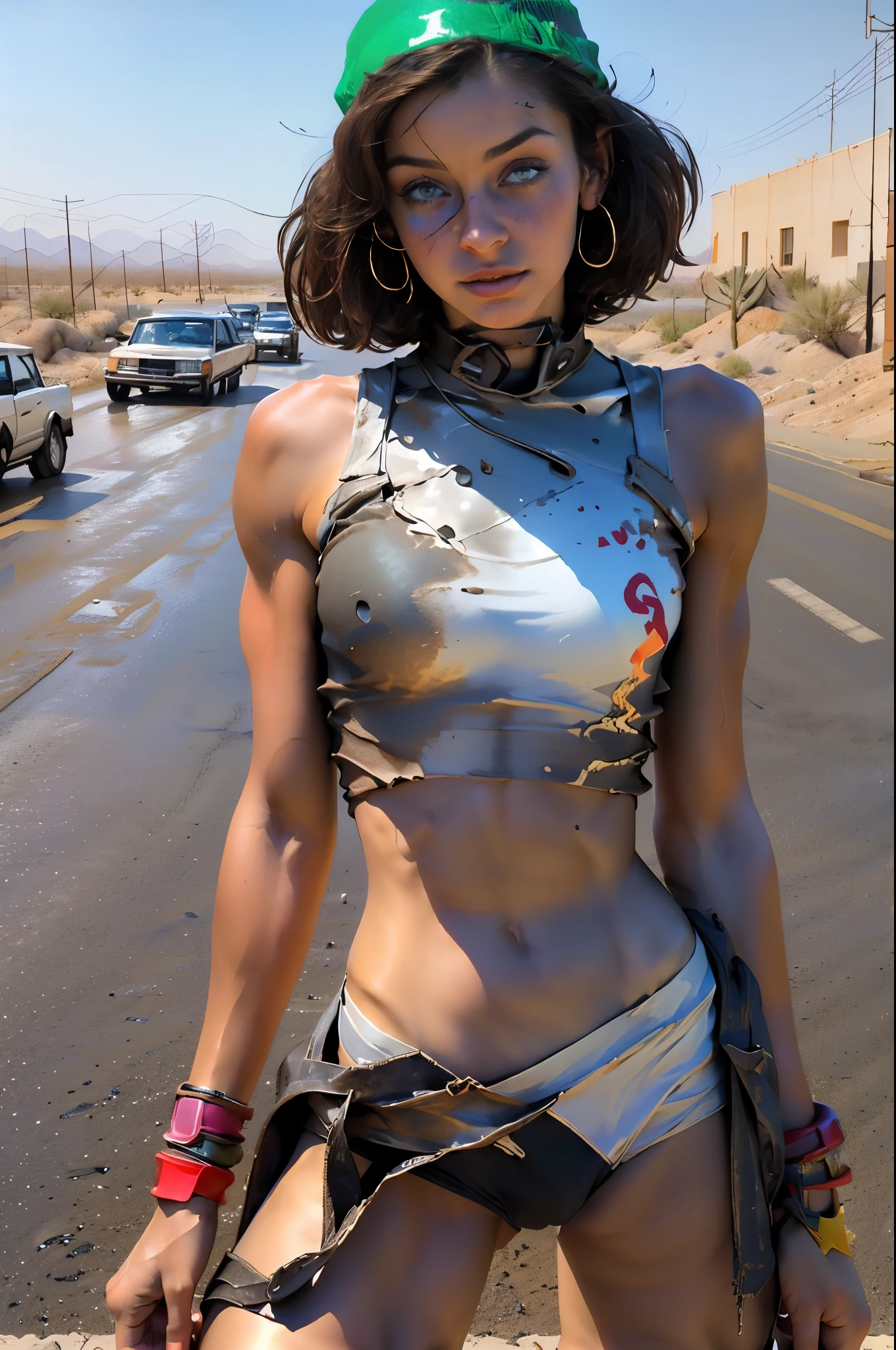 Ultra-detailed, Solo, 1 young woman, ((((completely naked)))),(((( no clothes on the body)))), ( angry and dangerous look, wild desert around) ponytail hairdress, black hair, hyper detailed, realistic skin texture, ultra-high resolution, high resolution, (masterpiece, the best quality), ((naked, athletic, muscular, suntanned)), beautiful face, detailed face,  looks aside from viewer, ragged leather strips on the legs, arms, neck