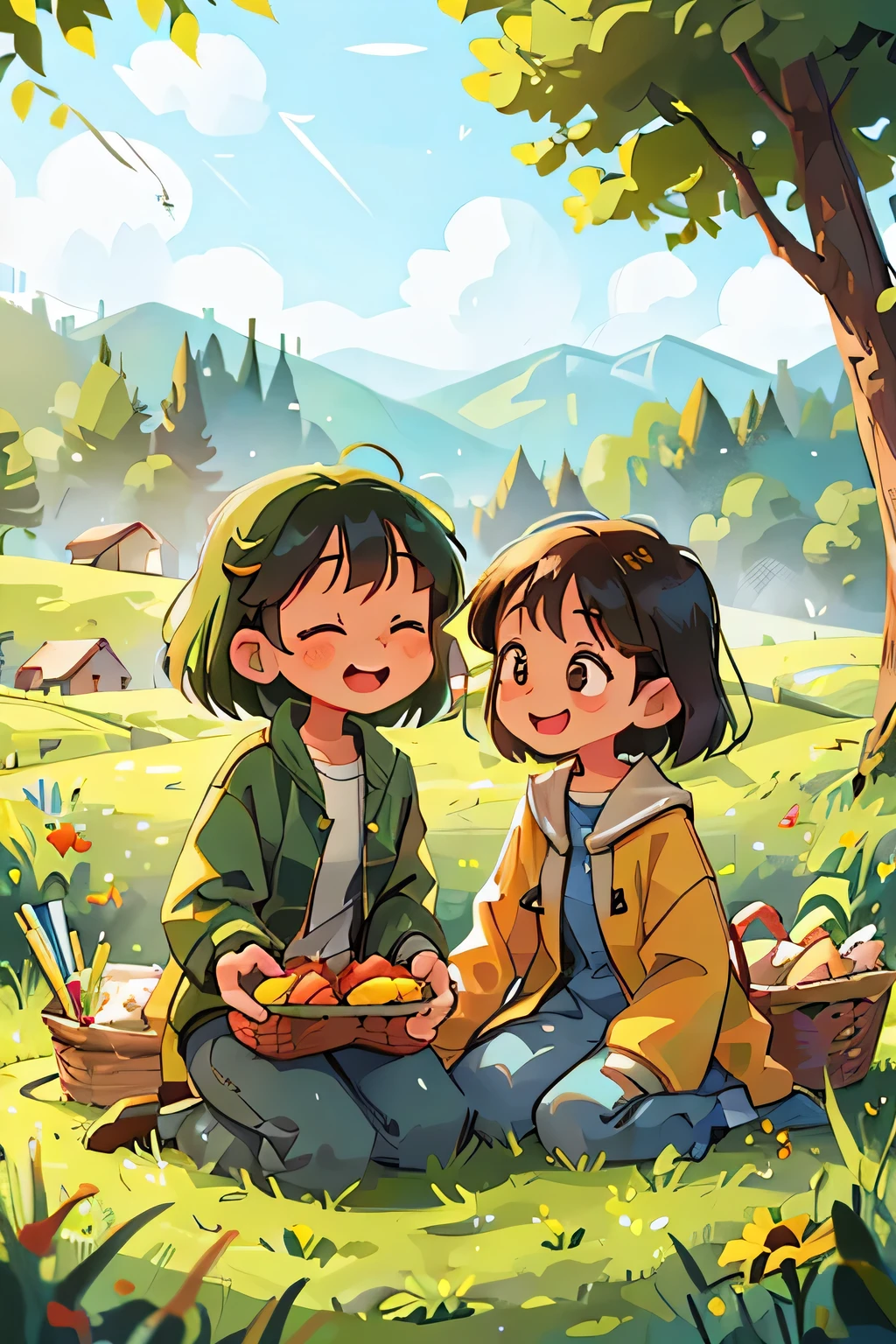 Two sisters, dressed in matching green jackets and jeans, joyfully go camping on the lush, verdant meadow. The sun casts long, golden shadows across the rolling hills, creating a serene and picturesque scene. Amidst the wildflowers and tall grasses, they set up their cozy campsite, complete with a tent, a small fire pit, and a picnic basket. Their laughter echoes through the peaceful valley, adding to the idyllic atmosphere. With the wind gently rustling through their hair and the scent of nature all around them, they embrace the and adventure of the great outdoors. Cheerful smiles on their faces, their bond strengthened by their shared experience,