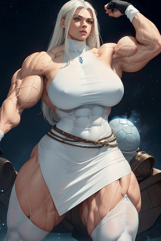 (((((Massive tall, beautiful, buff, light brown skinned muscular goddess woman with white hair, glowing blue eyes, ginormous bulky muscles and wearing a white turtleneck dress with black tights))))), close view, (massive muscles), (long straight hair), glowing blue eyes, choker, (long fingerless gloves), white boots, (in the Cloudy beautiful village), confident smile, night, ginormous muscles