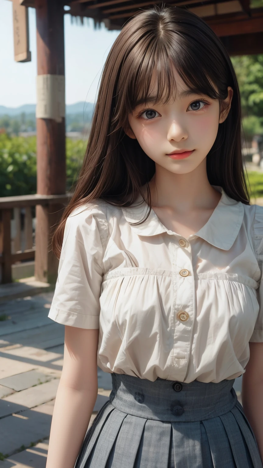 ((sfw: 1.4)), ((detailed face, professional photography)), ((sfw, Pleated skirt, 1 Girl)), Ultra High Resolution, (Realistic: 1.4), RAW Photo, Best Quality, (Photorealistic Stick), Focus, Soft Light, (()), ((Japanese)), (( (young face))), (surface), (depth of field), masterpiece, (realistic), woman, bangs, ((Japanese girl))