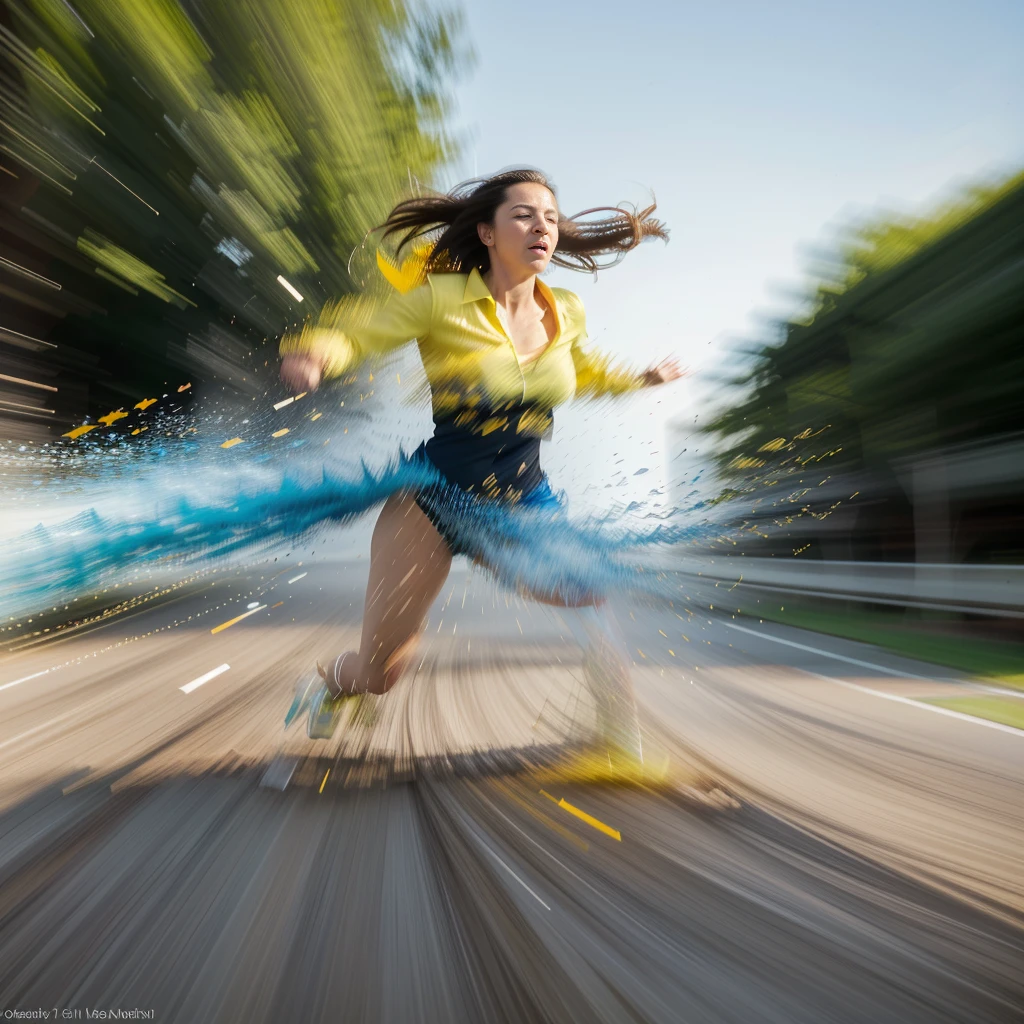 A heartwarming image of a little girl on fire as she runs through the dark, stormy streets of a city. Her white outfit is belted with vibrant colors and her long, flowing hair, adorned with sparkles, trails behind her. The vibrant colors of the cityscape contrast beautifully with the delicate, golden light coming from the girl's face. The vibrant colors of the city contrast beautifully with the dramatic, surreal lighting creating an awe-inspiring atmosphere. standard lens, high ISO, f/4 aperture