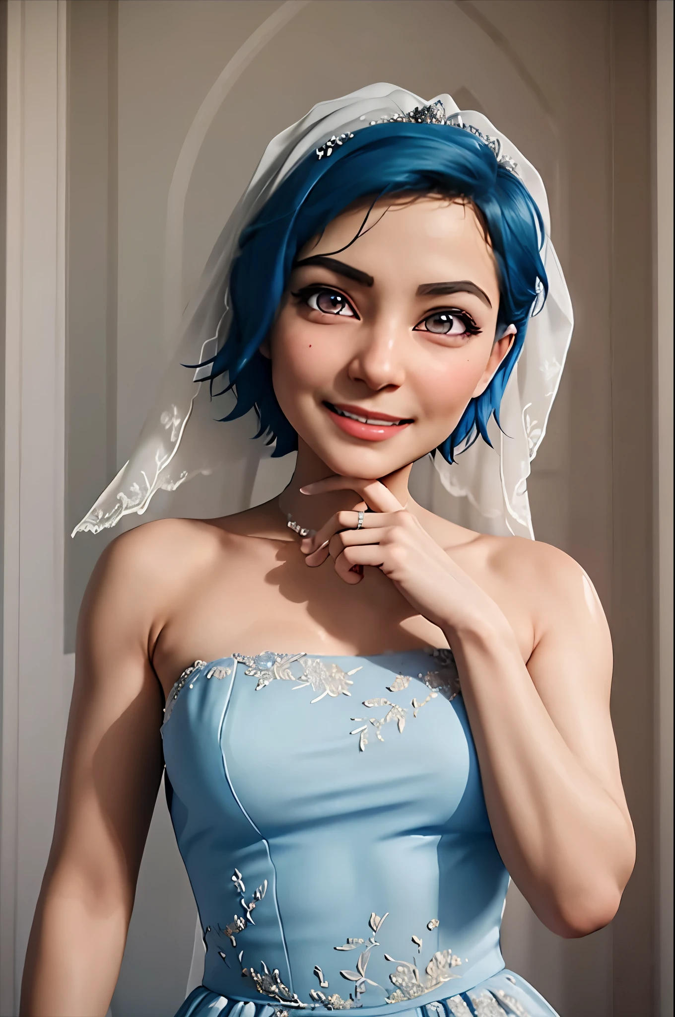 wedding dress, bridal veil, pov, POV, masterpiece, best quality, tari, blue short hair, purple eyes, blue dress, ring on finger, half-body, large breasts, looking at viewer, drooling, saliva, smile slight smile
