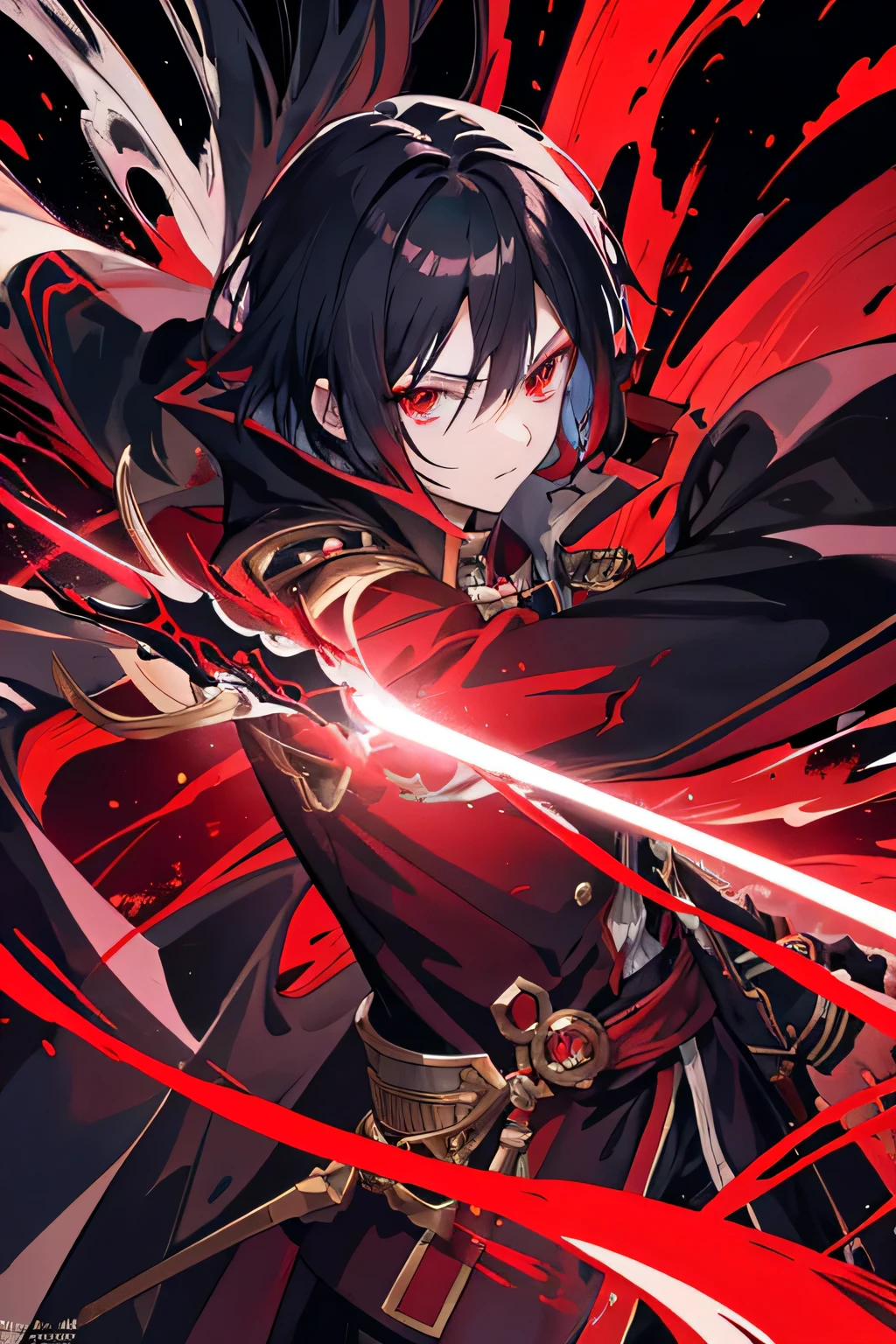 Anime boy with red light in hand, shadow young wizard, Epic anime style, anime key artโดยละเอียด, Shadowverse style, Fantasy style anime, devil man, anime key art, Red eyes, black hair, commander's uniform strong person fighting the devil,Lots of power