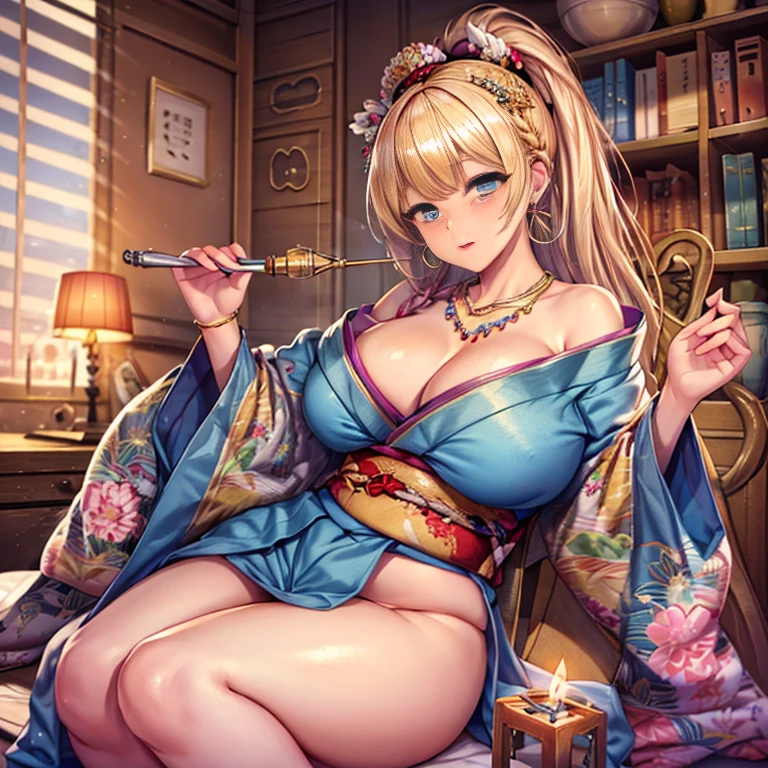 masterpiece, highest quality, (((ソロMature Womanジャネット))), (((Platinum Blonde Hair))), ((long braided ponytail)), (((Wide Hips))), (((Bright Blue Eyes))), Fuller lips, Captivating smile, Cleavage, (((Seated on a wooden throne))), (((Bookshelf, Candles))) sunset, Blushing, "beautiful mature face" , 30 years old , Mature Woman , Adult ((Purple kimono with a fine gold pattern)), Bare shoulders, ((Sexual suggestion)), Perfect beautiful eyes, Fine grain. Thick lips, ((Big Breasts)), (Thick thighs), top down, look down, (((Shiny skin))), (((Chubby))), necklace, bracelet, Hoop Earrings, (((face of europe))), ((Oiran)), Japanese Clothing, Boob Plate, heart, Complex, eye shadow, floral print, hairpin, lipstick, compensate, Red lips, sarashi, (((kiseru))), Holding a pipe in his right hand, (((barefoot)))、Camel Toe、Giant tit、Nipple Puffs、Cleavage、Plump、Super big breasts、Super big butt、white smoke、Pipe、puff on a pipe、Enra enra、Leg spread