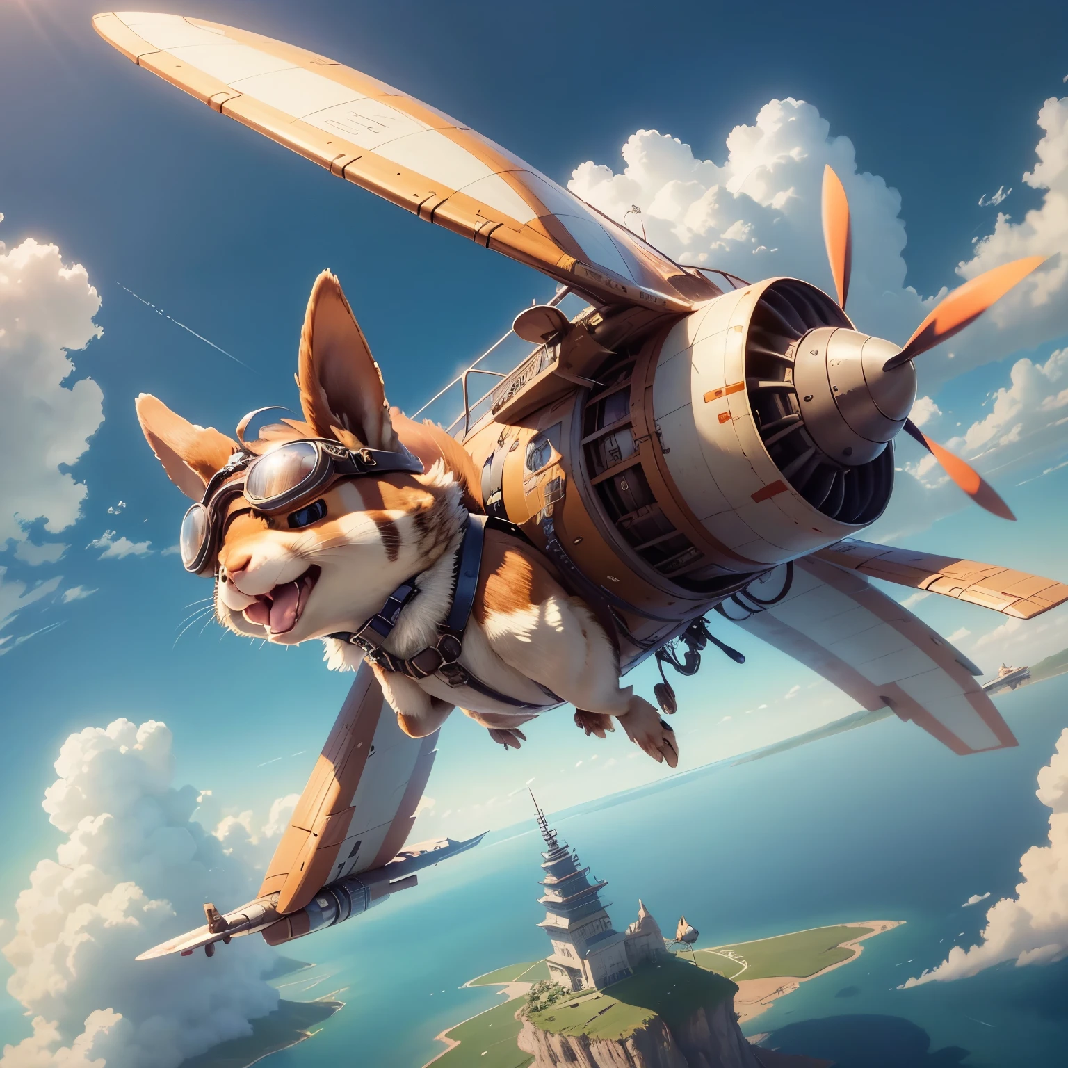 (masterpiece), highest quality, squirrel [riding : driving: 7] flight機の中で, ミニflight機, close, cute, Fantasy, Now on air, Beautiful Clouds, flight, free, Wind, Steampunk Style, no_human, (goggles), tail (翼のあるflight機:1.1), squirrel tail,  Feeling, Good vibes, happy atmosphere, squirrelが幸せになるBREAK, squirrelは美しい毛皮を持っています, the squirrel furr is swaying in the Wind, flight機の下には2つの小さな車輪がある, 金色のflight機, flight機にはギアがある, flight機の前部にはプロペラが付いている, destroy bright colors, Beautiful Clouds, can&#39;t believe it, wonderful, Breathtaking, Winner images, 4K,High resolution, Absurd, detailed
