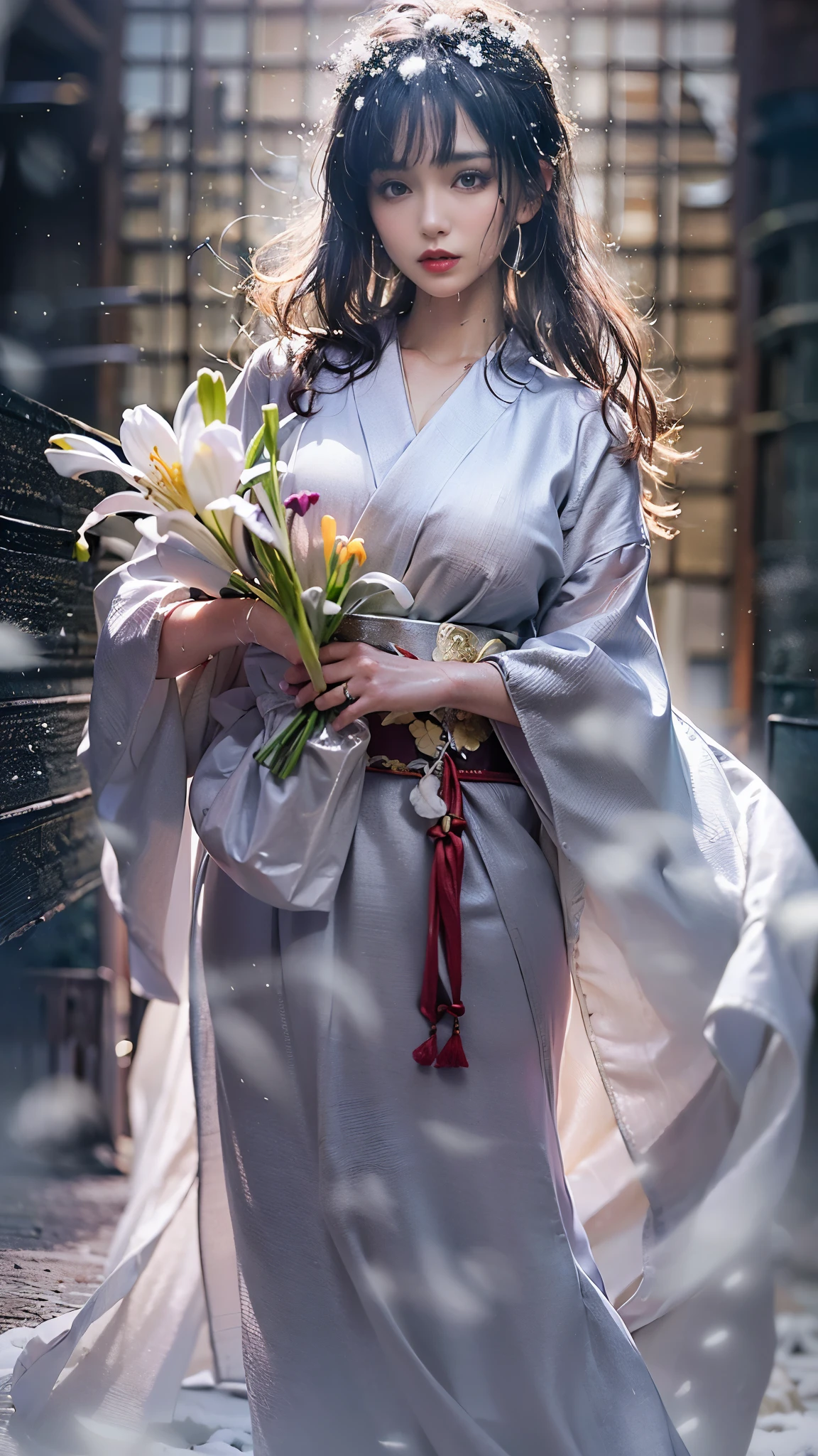 (Realistic:1.5, 16k, highest quality, masterpiece, Ultra-high resolution), (((heavy snow, From below))), Perfect dynamic composition:1.2, (In front of a shrine at night in a modern city, Expressions of sadness:0.9, Low angle shooting:0.9), Highly detailed skin and facial textures:1.2, Young woman getting wet in the rain:1.3, Fair skin:1.2, Sexy beauty:1.1, Incredibly slim body:1.2, beautifully、aesthetic:1.1, Very beautiful face:1.2, Water droplets on the skin, (The rain drips down on my body:1.2, Wet body:1.2, Wet Hair:1.3), (Professional kimono dressing:0.7, Holding a bouquet of wet lilies:1.2, Wearing a wet silver kimono:1.3), (Shapely large breasts, Bra is sheer, Chest gap), (Big eyes that exude beautiful eroticism:0.8, Lips that exude beautiful eroticism:0.8), necklace, Earrings, bracelet, wedding ring, Highly detailed and accurate hand and finger representation