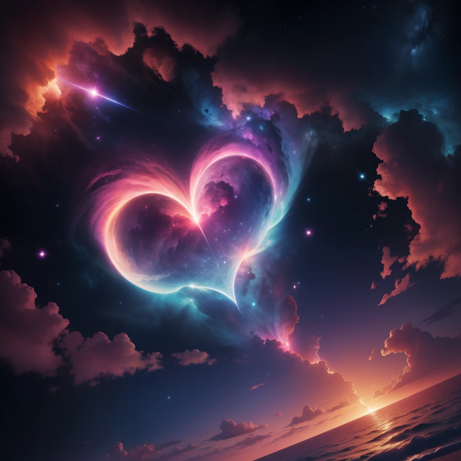 Rose heart formed by very high quality nebula, background beach, beautiful 4k uhd art, highly detailed 4k digital art, High resolution. 超High resolution, Hyper Details, Vibrant colors,