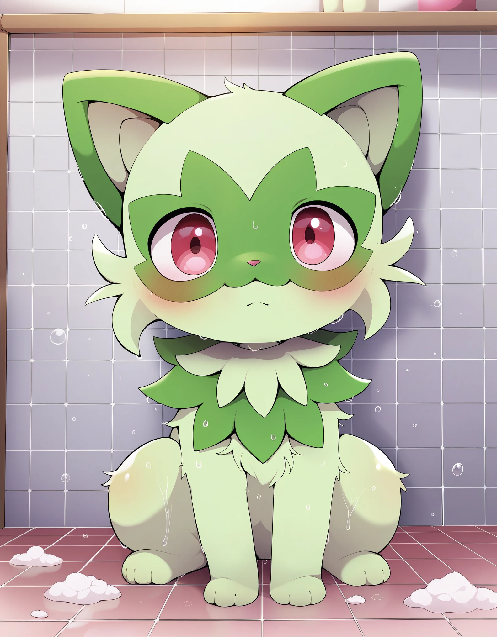 score_9_up, score_8_up, score_7_up, source_anime, (masterpiece, perfectly detailed, detailed face, detailed eyes, beautiful eyes), PokeMaster_PS, pikachu_pokemon, sprigatito_pokemon, no humans, pokemon (creature), red eyes, bubble, soap bubbles, wet, :<, cat, water drop, closed mouth, tiles, indoors, solo