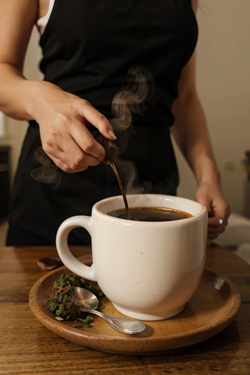 Image of a steaming cup of coffee with ???????? leaves, con el texto: "Wake up your day with our CBD coffee. A taste and wellness experience like no other!! 
