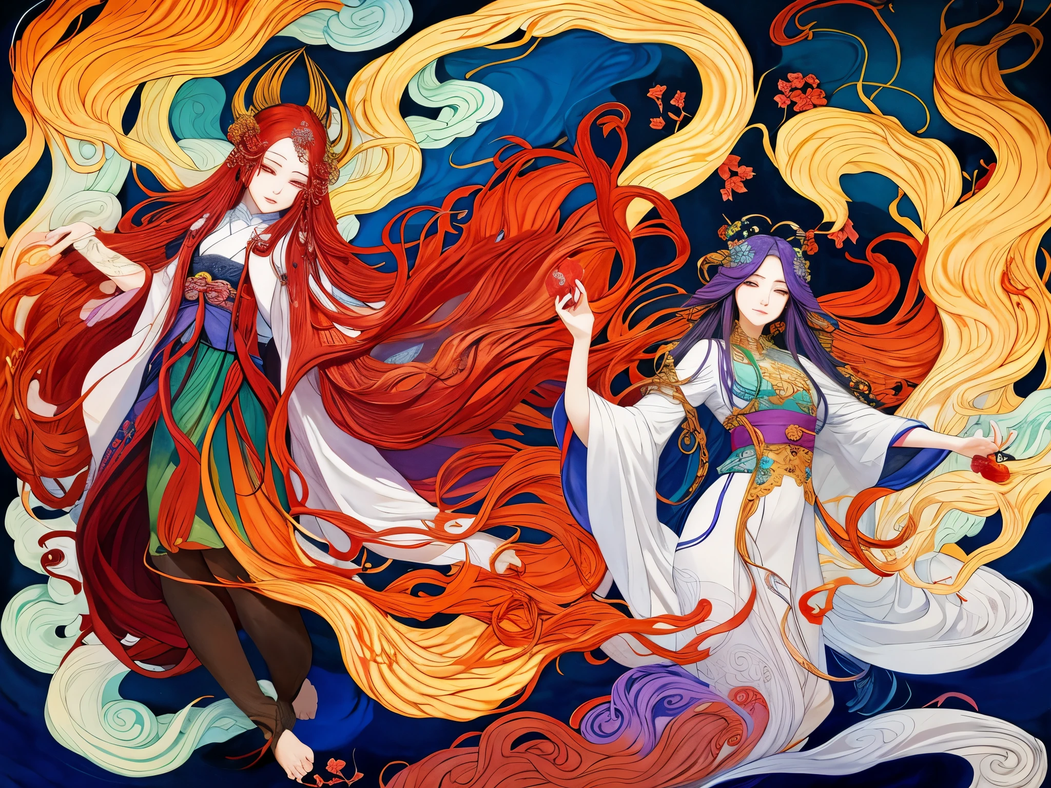 a painting of a woman with long hair and a flower in her hand, korean art nouveau anime, japanese goddess, flowing hair and long robes, anime fantasy illustration, inspired by Sōami, akira from chinese mythology, japanese art style, a beautiful kitsune woman, inspired by Nōami, inspired by Tsukioka Yoshitoshi, autumnal empress