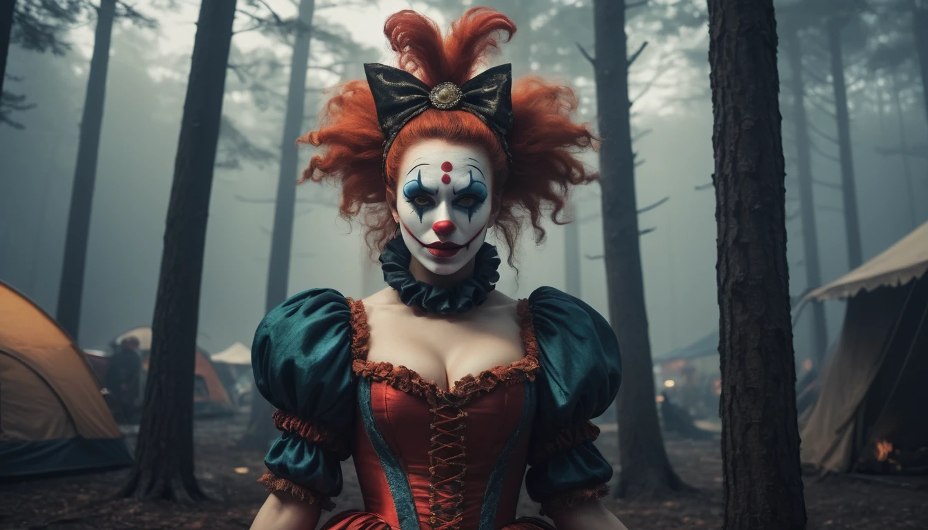 Commercial photography of a beautiful woman clown with mouth opened wide in a pine forest with a circus tent in the background and a camp fire (foggy:1.2), silhouetted in soft shadow, clowns hiding behind trees peaking their heads out to spy on us. (photograph:1.2) , uhd photorealisitc authentic psychotic angry madman wearing ornate clown costume and intricate voodoo makeup, shoulders, intricate details, vivid colors, frightening surroundings, correct details, in the style of amano, karol bak, akira toriyama, and greg rutkowski , perfect composition, beautiful detailed intricate insanely detailed octane render trending on artstation, 8 k artistic photography, photorealistic concept art, soft natural volumetric cinematic perfect light, chiaroscuro, award - winning photograph, masterpiece, oil on canvas, raphael, caravaggio, greg rutkowski, beeple, beksinski, giger, perfect composition, beautiful detailed intricate insanely detailed octane render trending on artstation, 8 k artistic photography, photorealistic concept art, soft natural volumetric cinematic perfect light, chiaroscuro, award - winning photograph, masterpiece, oil on canvas, raphael, caravaggio, greg rutkowski, beeple, beksinski, giger, (beautiful supermodel:1.1) dancing with her arms stretched out to her sides tops of her large supple breasts exposed detailed background bokeh