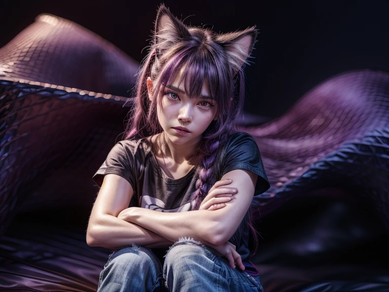 Top quality, high resolution, perfect human structure, background focus, front view, purple hair, glowing hair, cat ears, crossed arms, french braid, crazy eyes, shirt, jeans, night sky