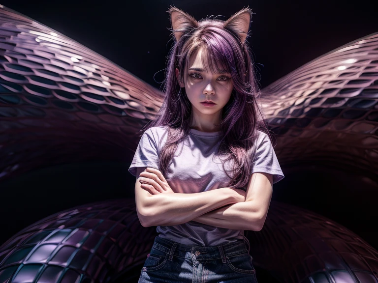 Top quality, high resolution, perfect human structure, background focus, front view, purple hair, glowing hair, cat ears, crossed arms, french braid, crazy eyes, shirt, jeans, night sky
